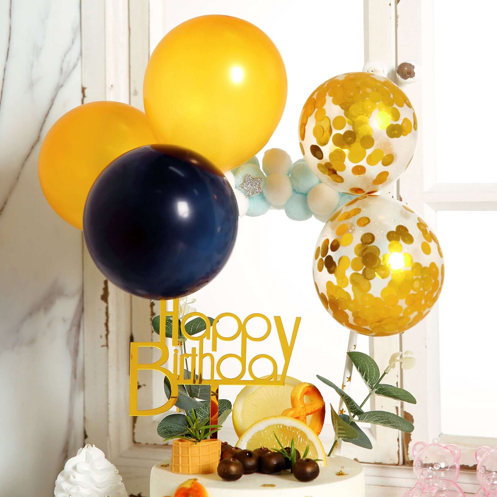 11 Pcs Balloon Cake Topper Black, Clear and Gold - Whimsical Clustered Mini Garland Cake Inserts DIY Party Decorations