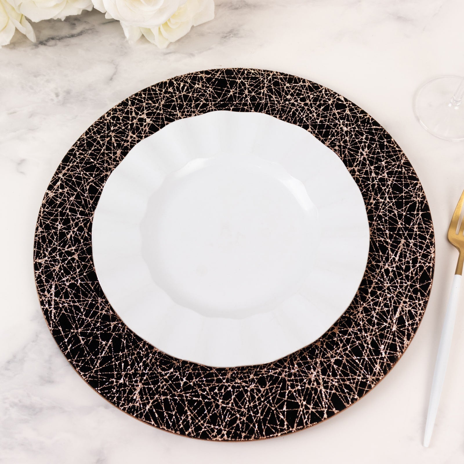 6-Pack Acrylic Round Charger Plates 13" in Black with Gold Glitter Abstract Lines Pattern, Decorative Dinner Party Charger Tableware
