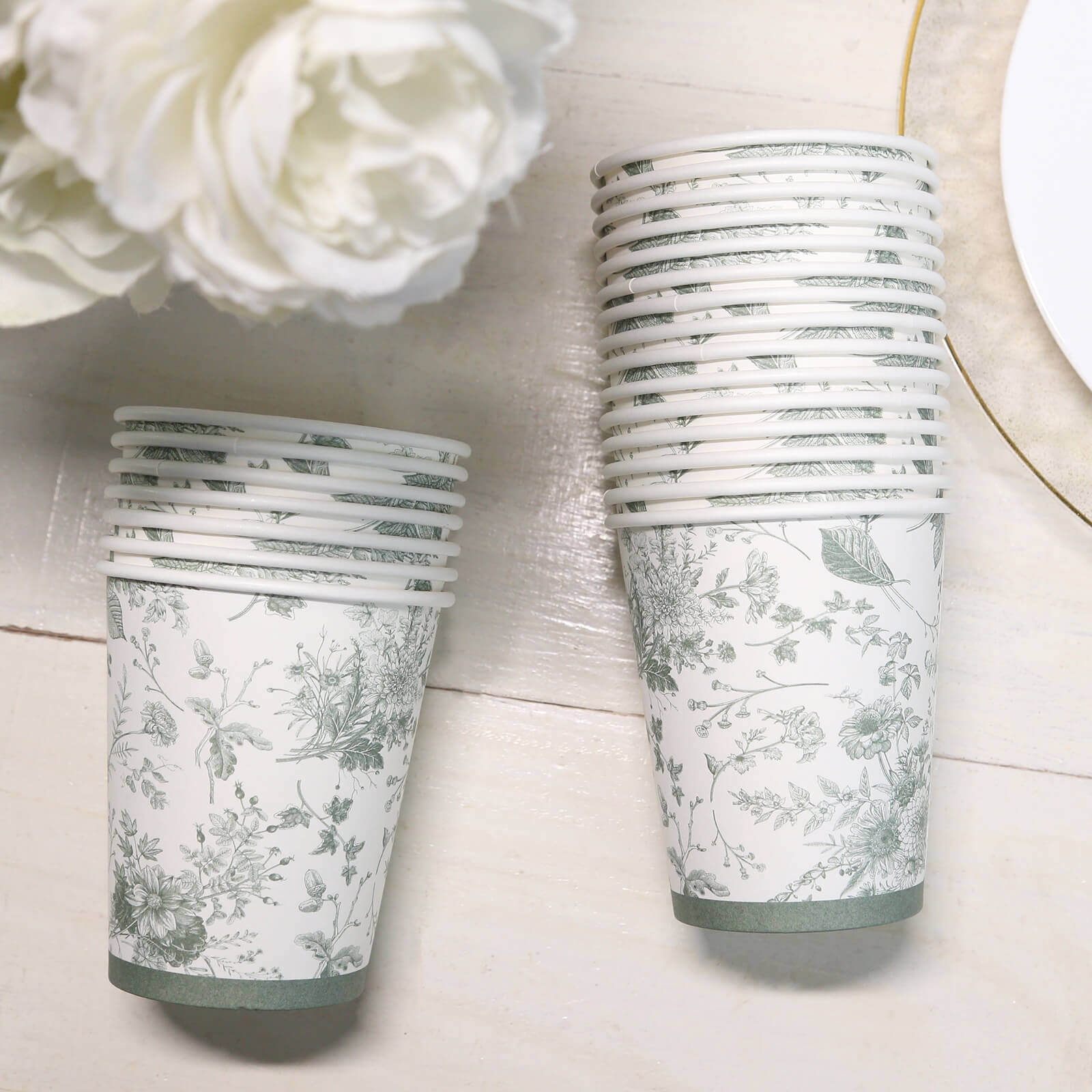 24 Pack Disposable Paper Cups in White Sage Green French Toile Pattern, Elegant Party Cups - 9oz