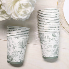 24 Pack Disposable Paper Cups in White Sage Green French Toile Pattern, Elegant Party Cups - 9oz