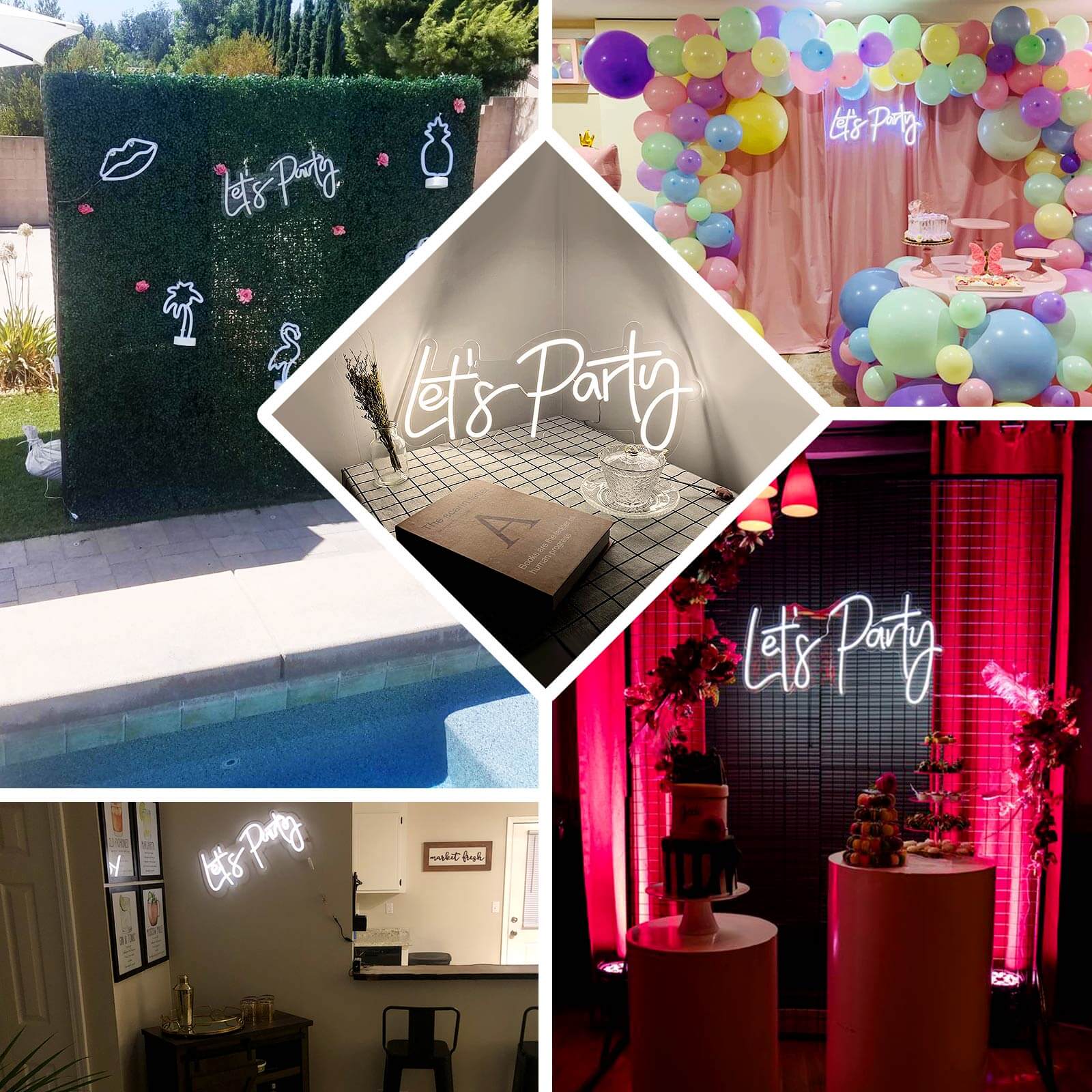 23" Let's Party Neon Light Sign, LED Reusable Wall Décor Lights With 5ft Hanging Chain