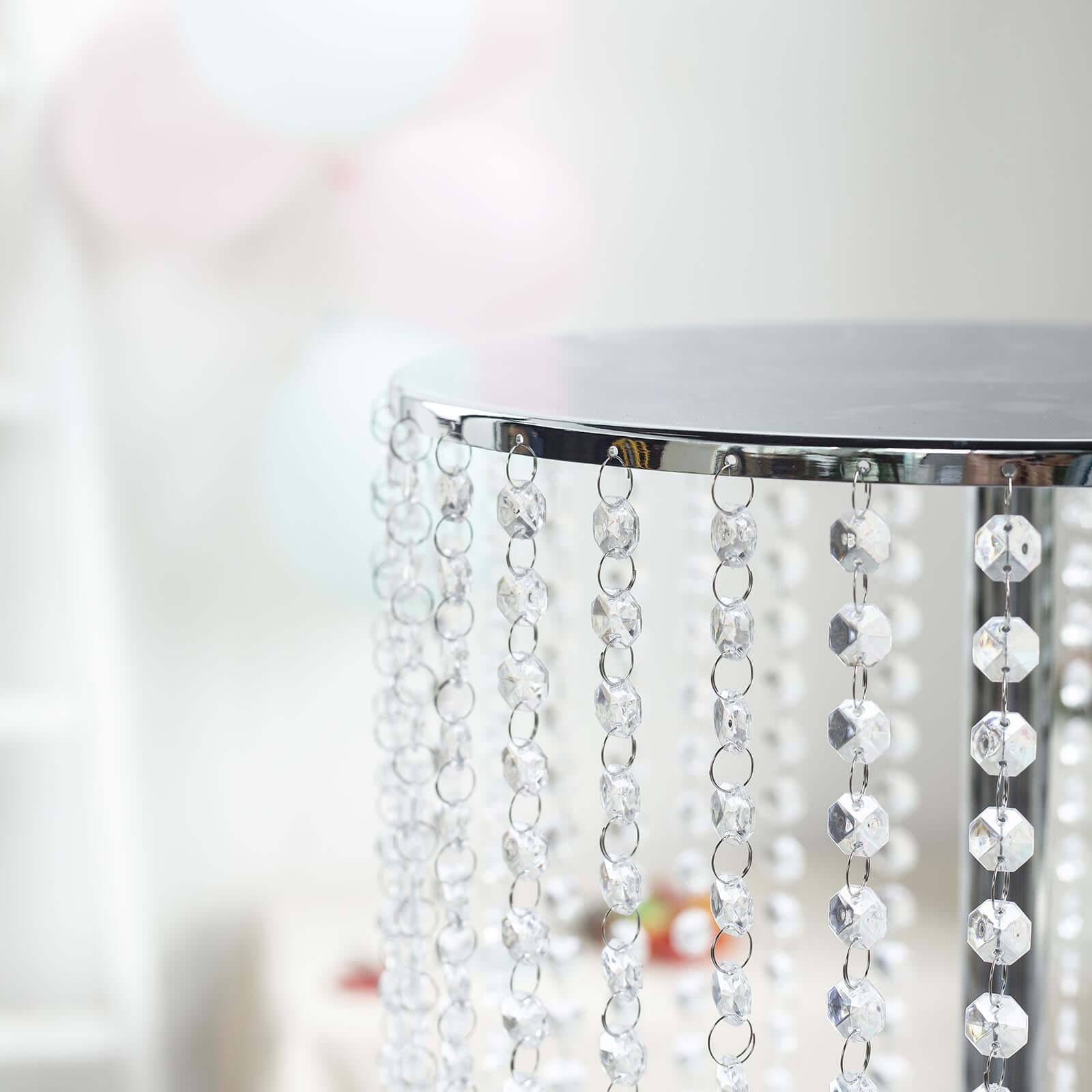 Metal Cake Stand Round Design Metallic Silver with Crystal Chains 14" Dia - Cupcake Dessert Pedestal 16"Tall