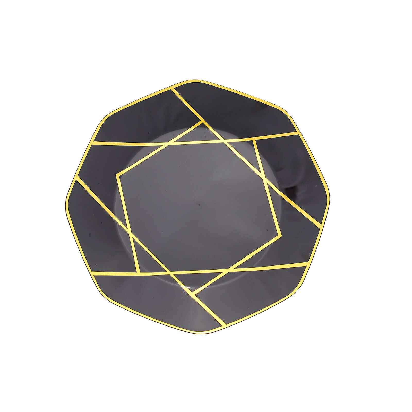 10-Pack Plastic 10" Octagon Dinner Plates in Black - Modern Disposable Party Plates with Gold Geometric Design for Special Occasions & Celebrations