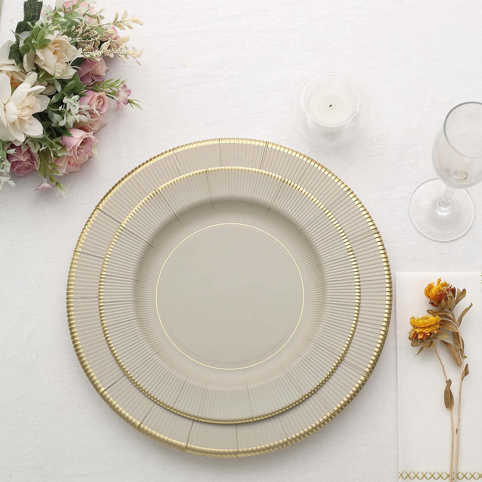 25-Pack Disposable Round Charger Plates in Taupe Sunray Design with Gold Rim - 350GSM Heavy Duty Paper Chargers 13"