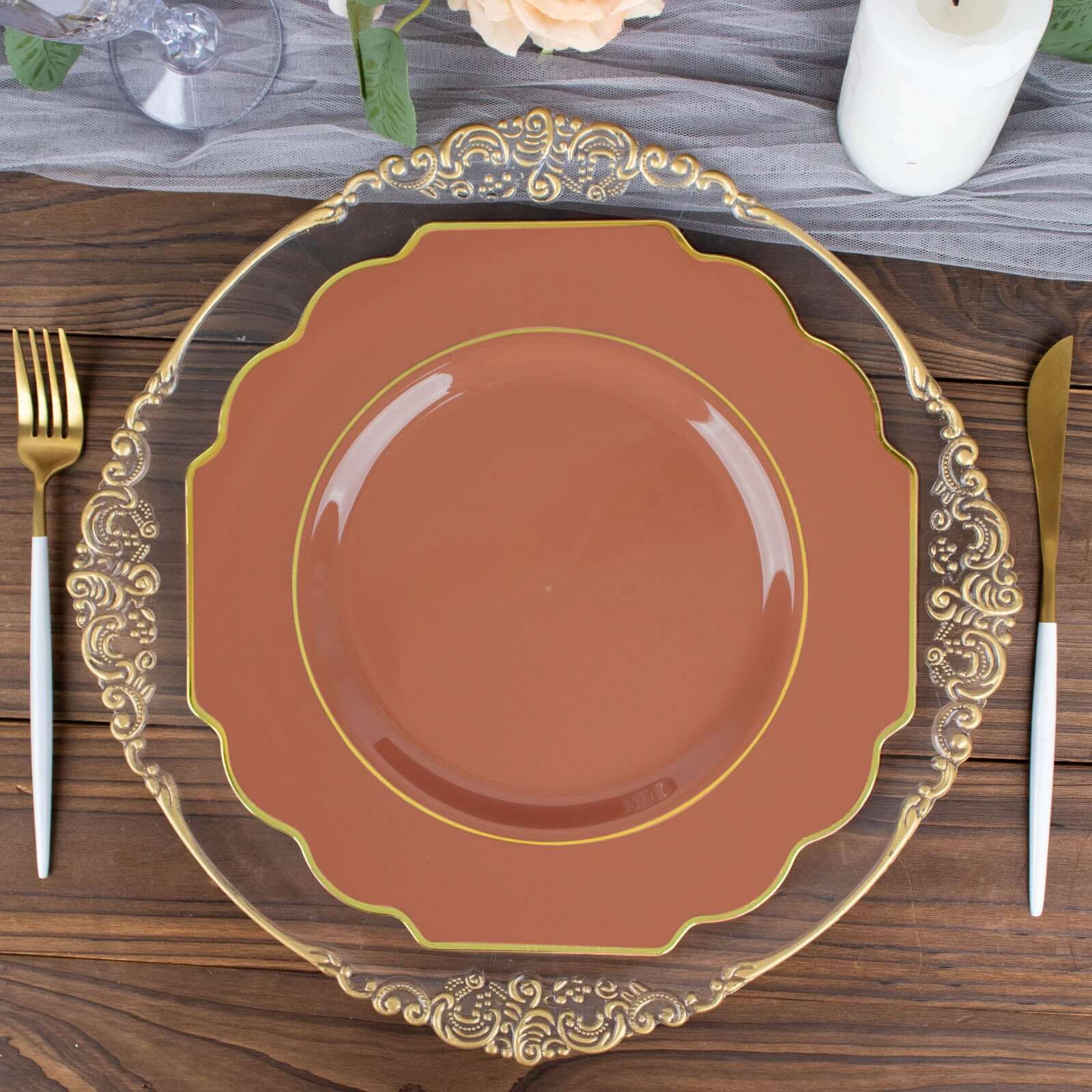 10-Pack Plastic Dinner Plates in Terracotta (Rust) Baroque Design with Scalloped Gold Rim - Heavy Duty Disposable Party Plates 11"