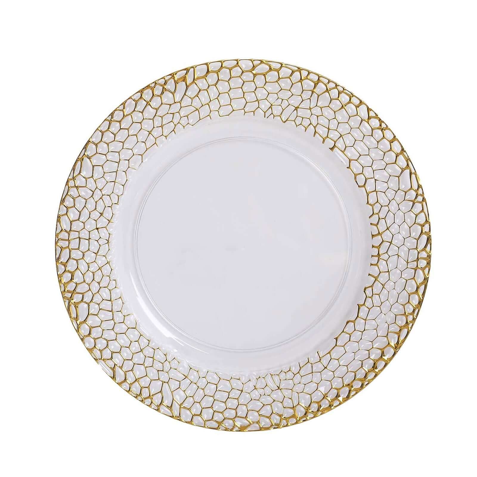 6-Pack Acrylic Round Charger Plates 13" in Clear with Gold Hammered Rim, Decorative Plastic Charger Tableware