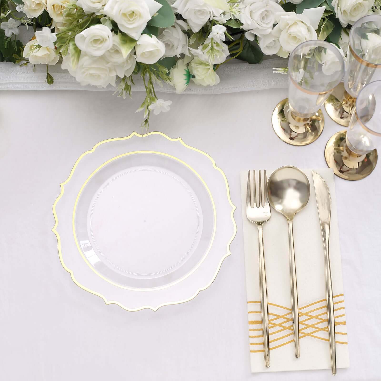 10-Pack Plastic 8" Round Dessert Plates in Clear with Gold Scalloped Rim - Disposable Appetizer/Salad Plates