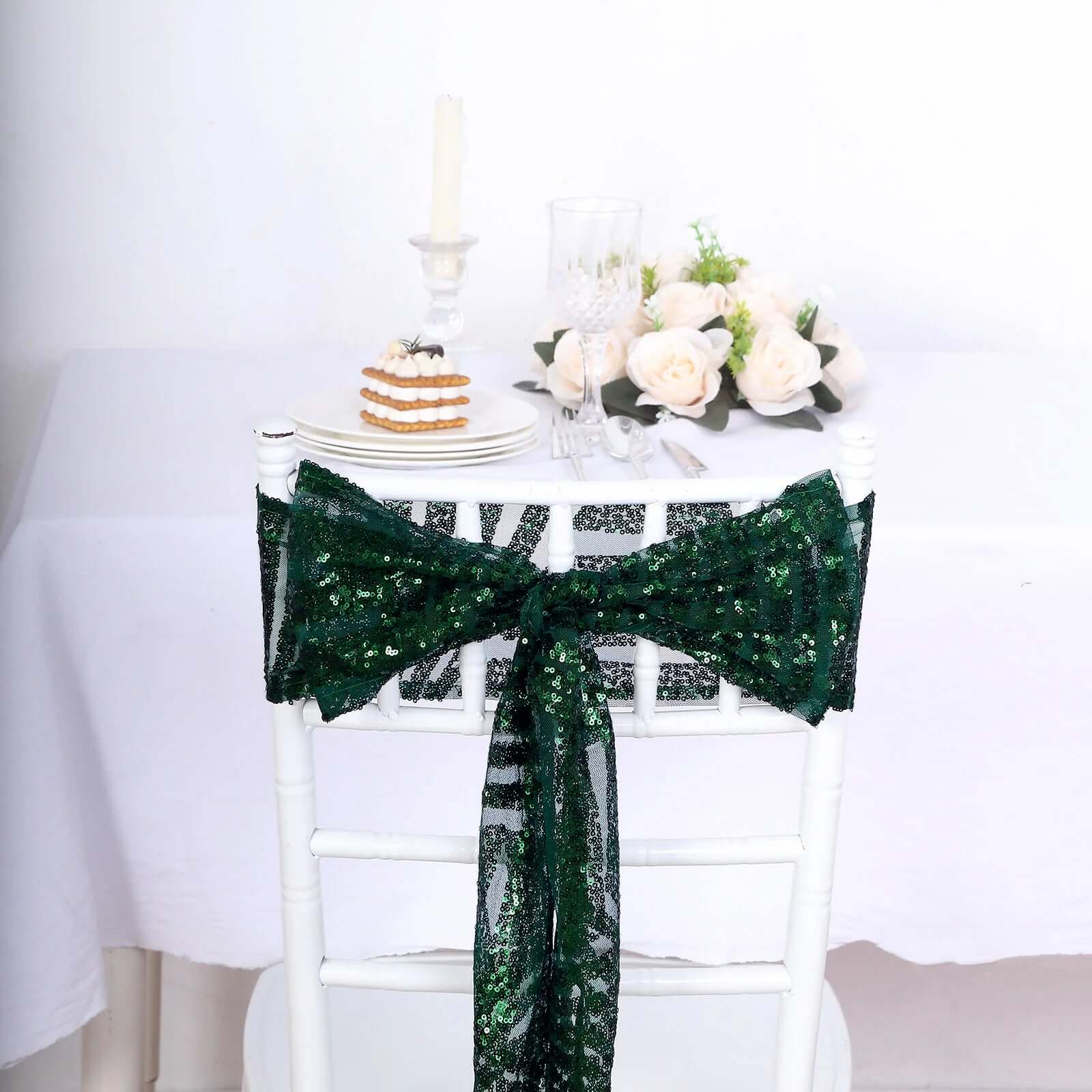 5 Pack Glitz Sequin Chair Sashes with Geometric Diamond Design 6"x88" Hunter Emerald Green