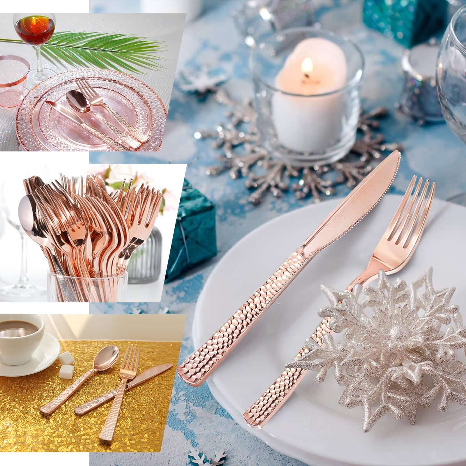 24-Pack Plastic Silverware Set with Hammered Design Rose Gold - Heavy Duty Disposable Utensils 7"