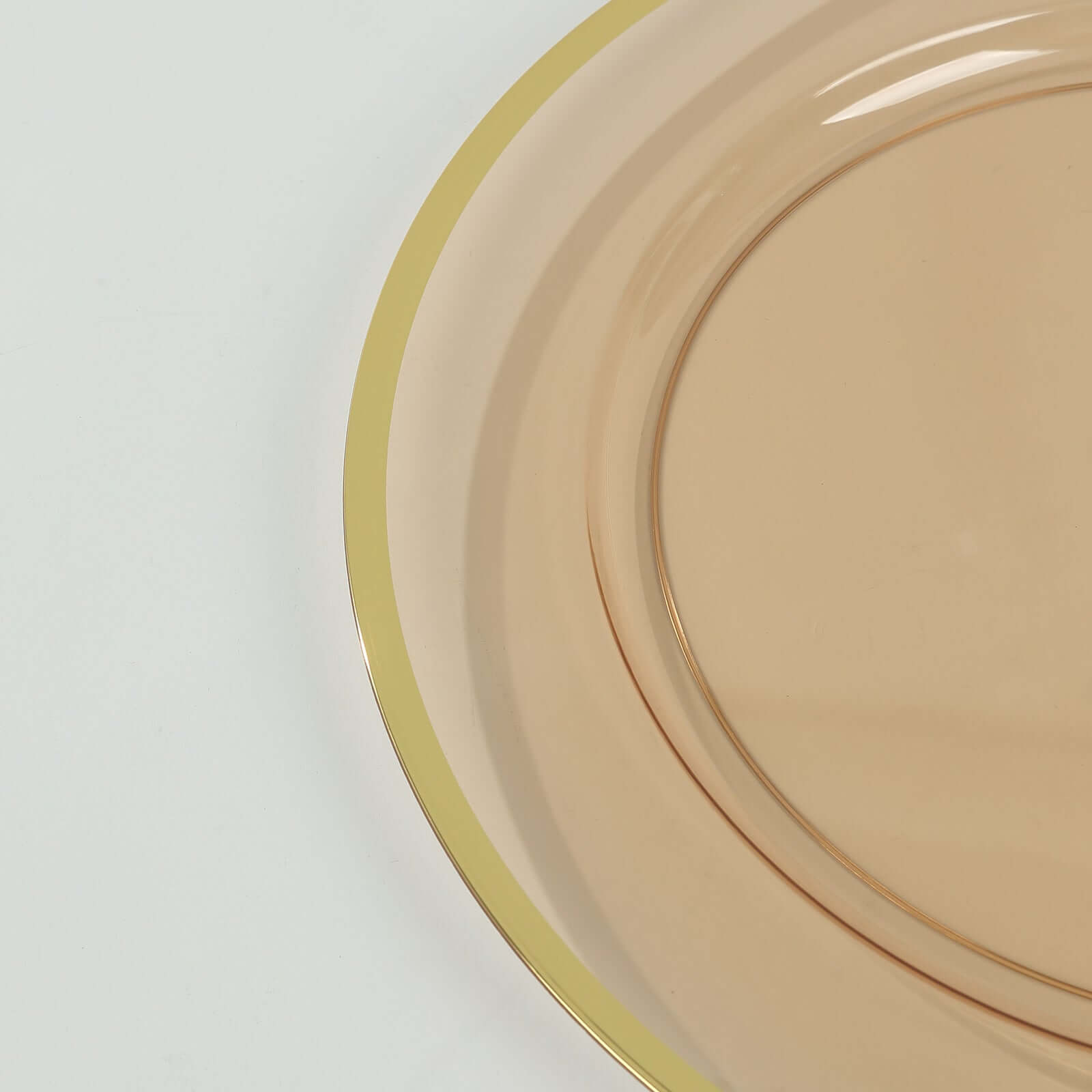 10-Pack Economy Plastic Round Charger Plates 12" in Transparent Amber Gold with Wide Gold Rim, Decorative Dinner Party Serving Plates