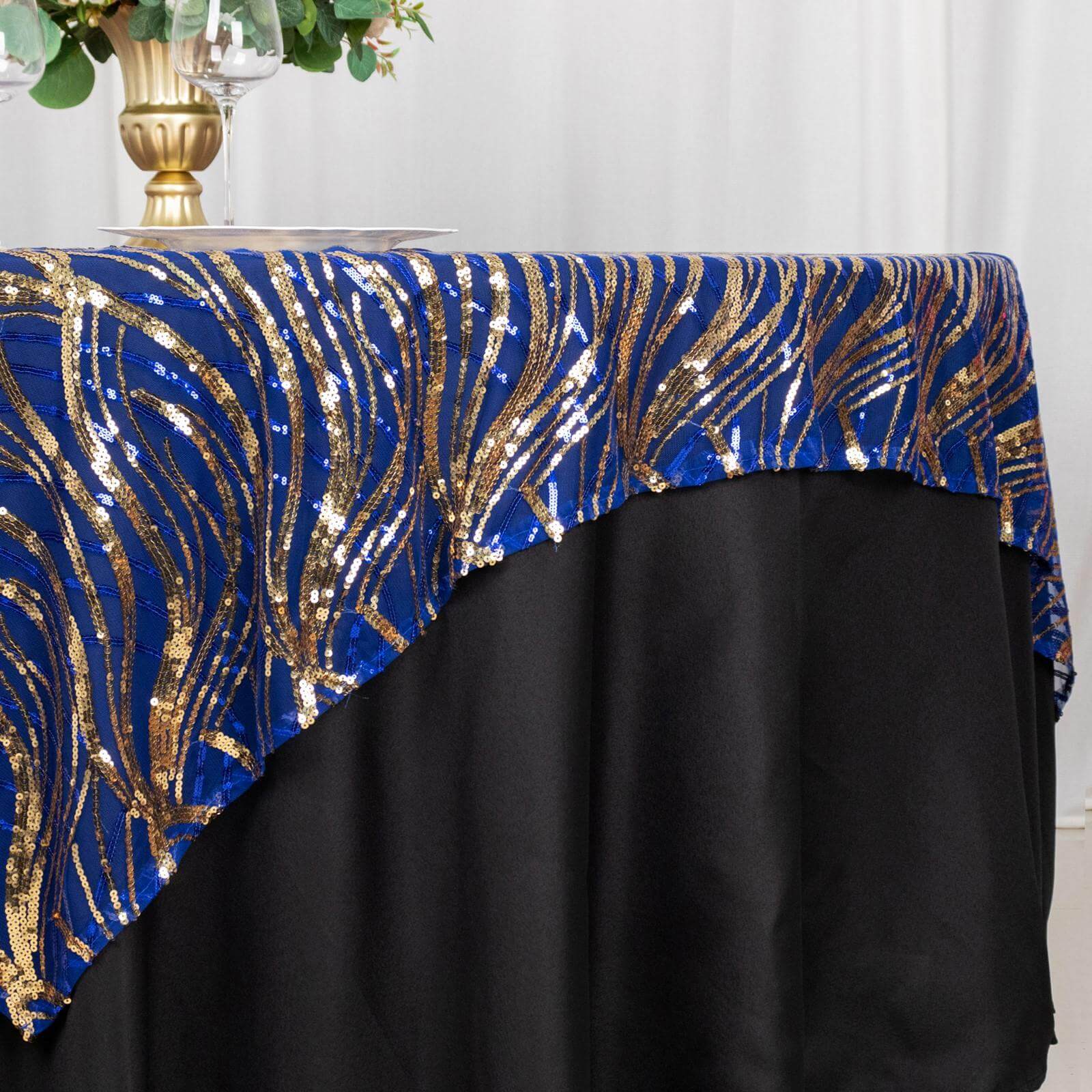 Mesh 72"x72" Table Overlay Square Tablecloth Royal Blue - Wave Embroidered Sequins Table Topper