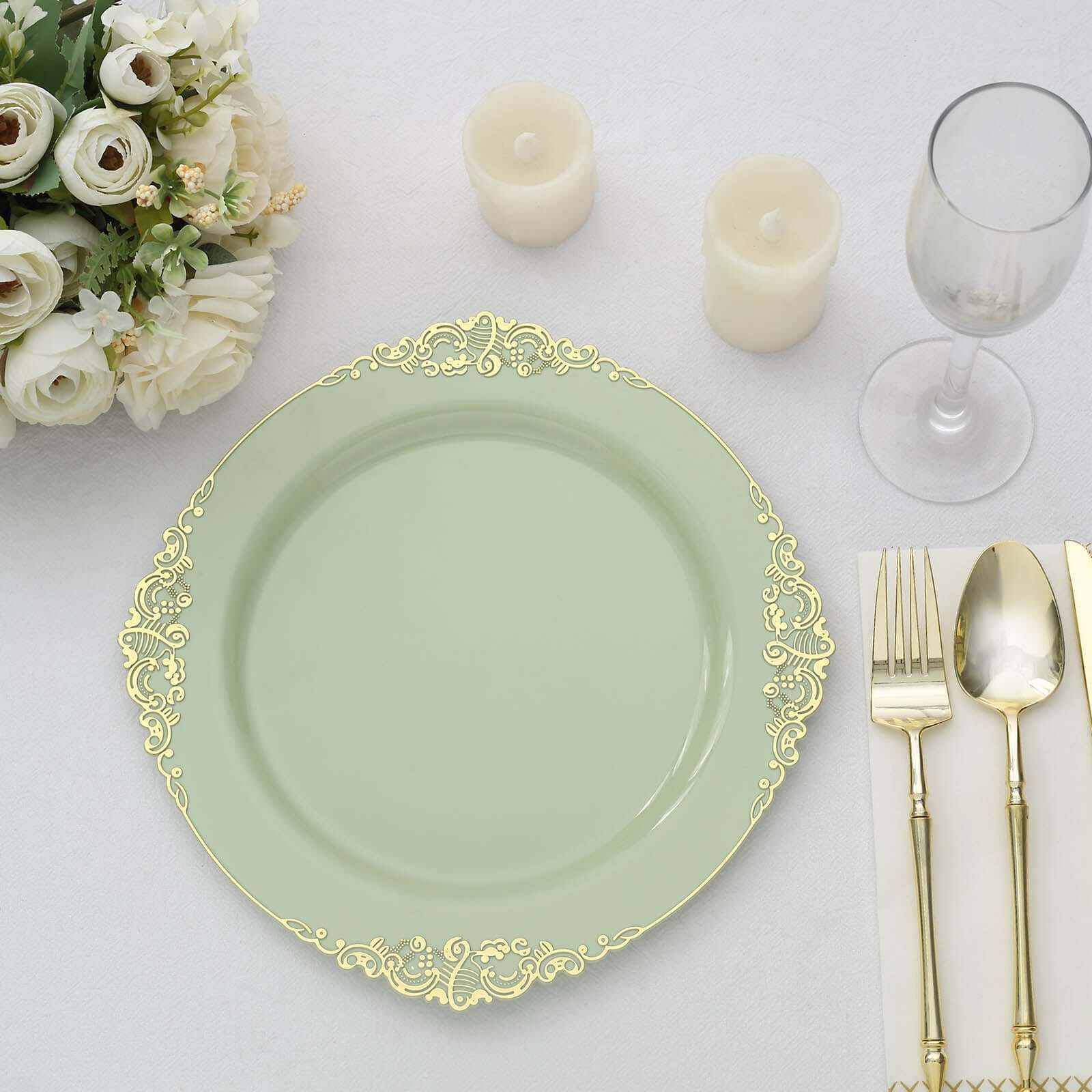 10-Pack Plastic 10" Round Dinner Plates in Sage Green with Gold Leaf Embossed Rim - Disposable Vintage Baroque Style Plates