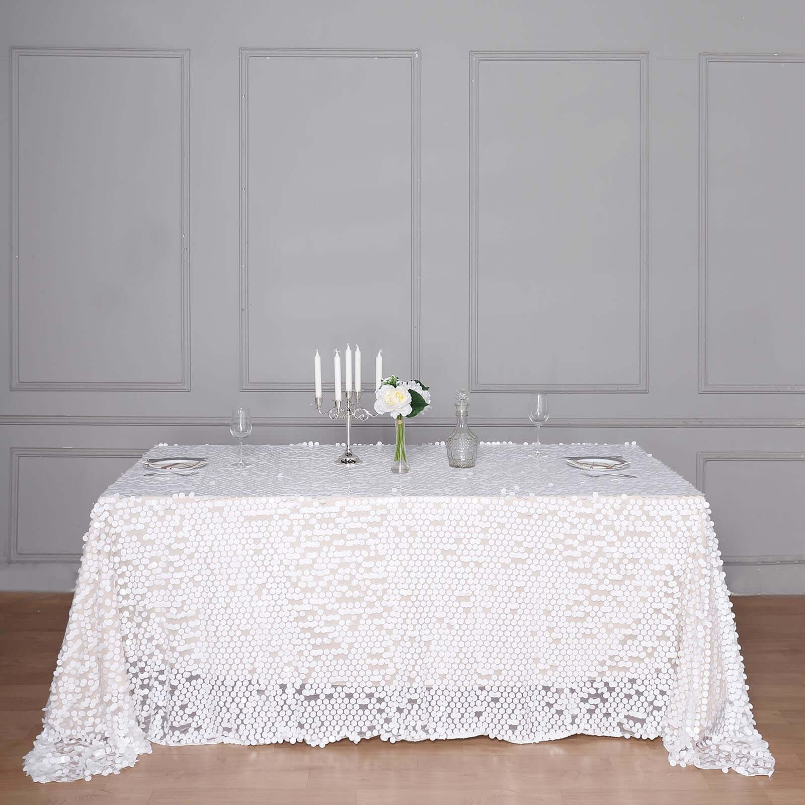 Sequin 90"x156" Rectangle Tablecloth White - Seamless Big Payette Table Cover