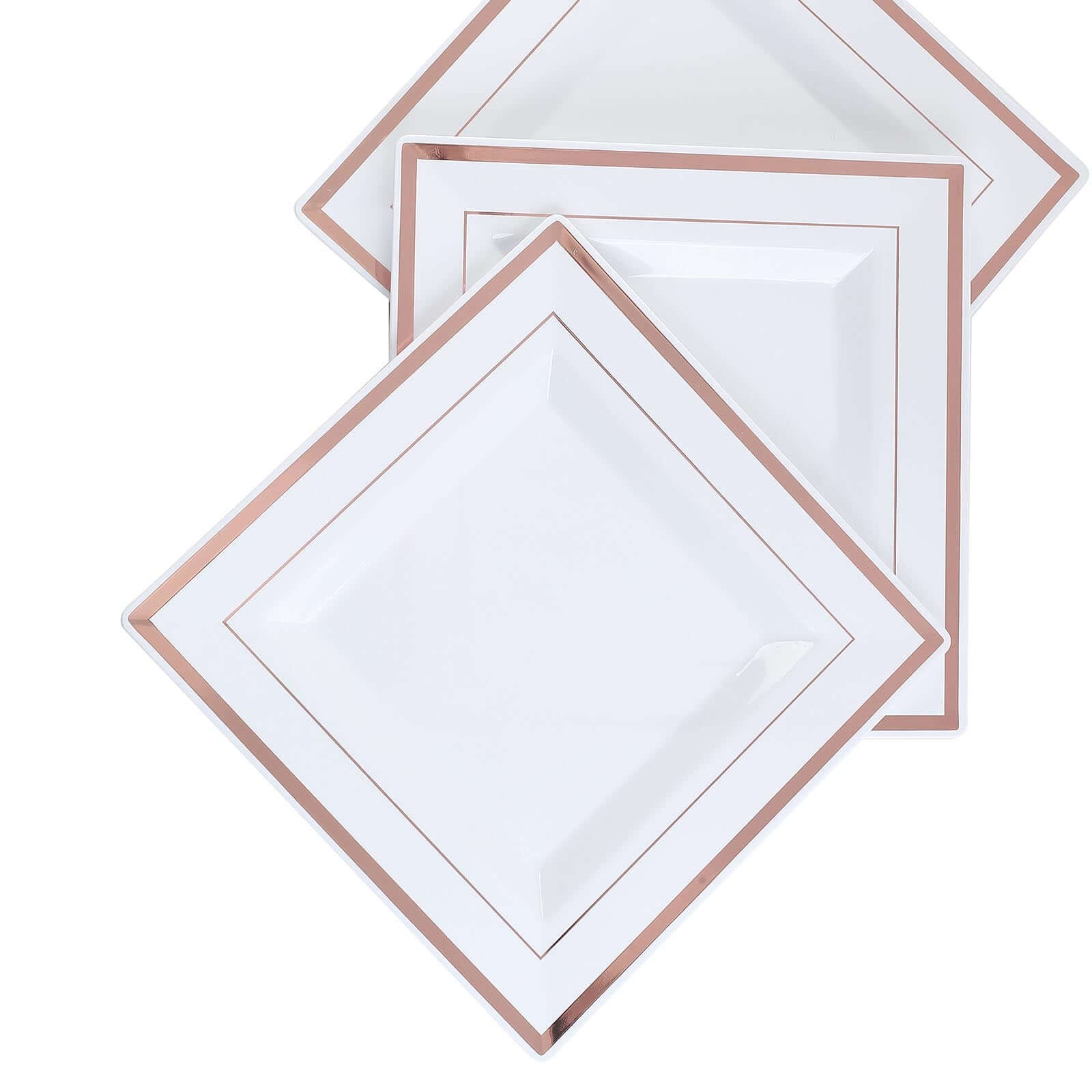 10-Pack Plastic Dinner Plates White Square with Rose Gold Trim - Lightweight Disposable Plates for Events 10"