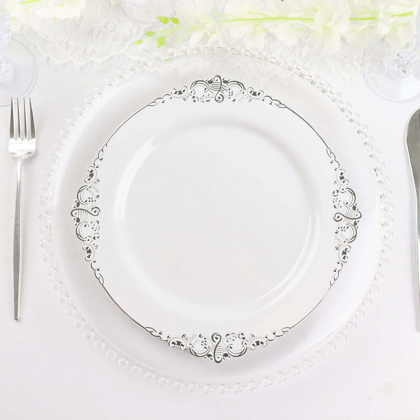 10-Pack Plastic 10" Round Dinner Plates in White with Silver Leaf Embossed Rim - Disposable Vintage Baroque Style Plates