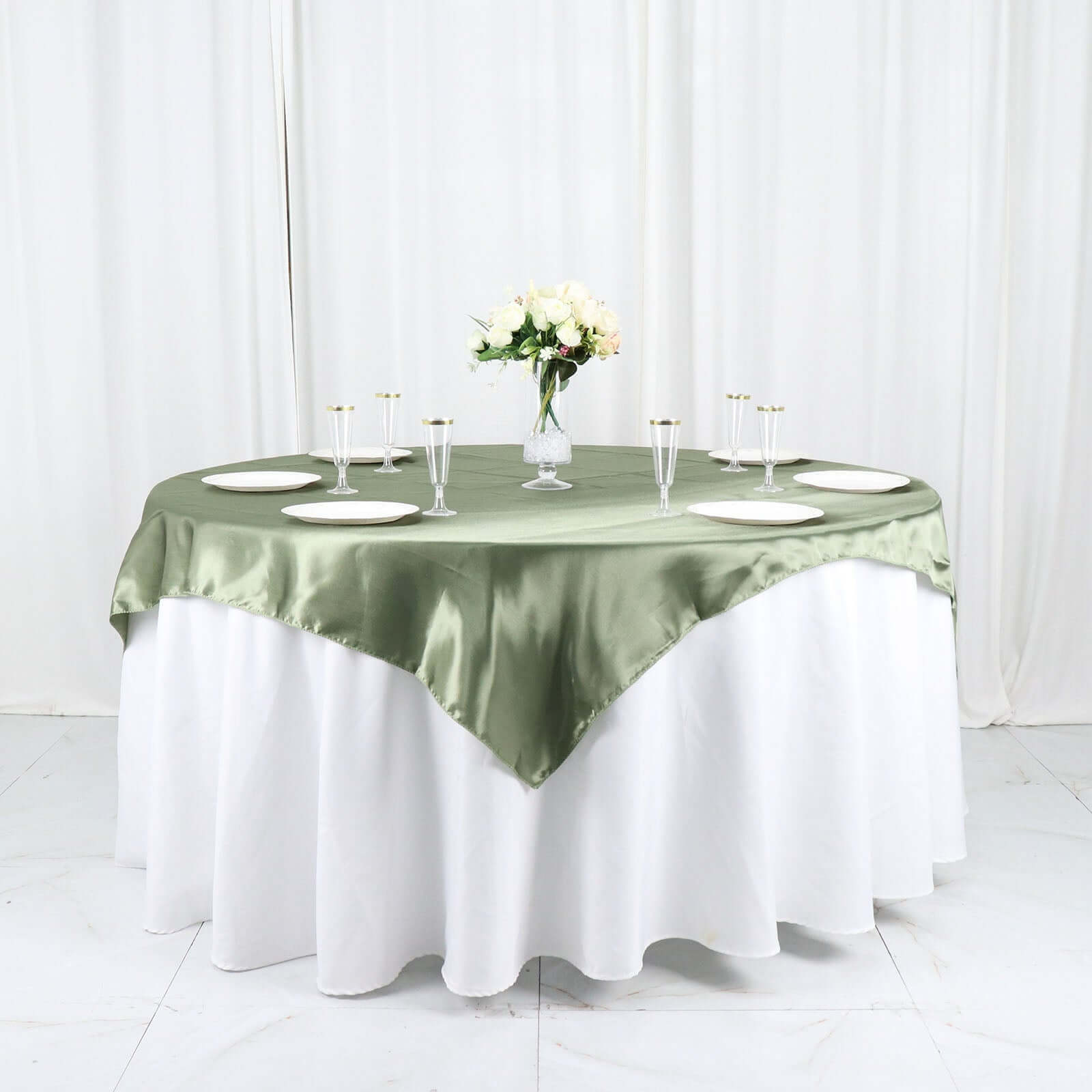 Satin 60"x60" Table Overlay Square Tablecloth Dusty Sage Green - Smooth Silky Touch Table Cover