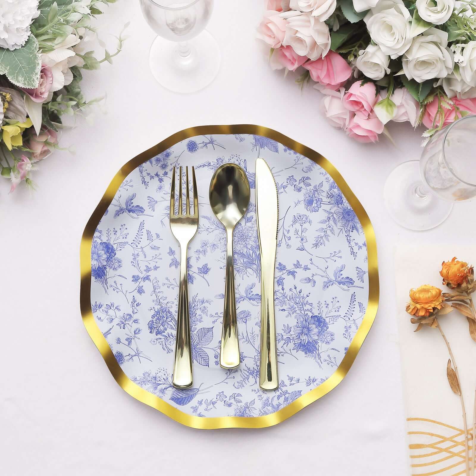 25-Pack Paper Round Dinner Plates 10" in White with Blue French Toile Pattern & Gold Wavy Rim - Disposable 350GSM Party Plates