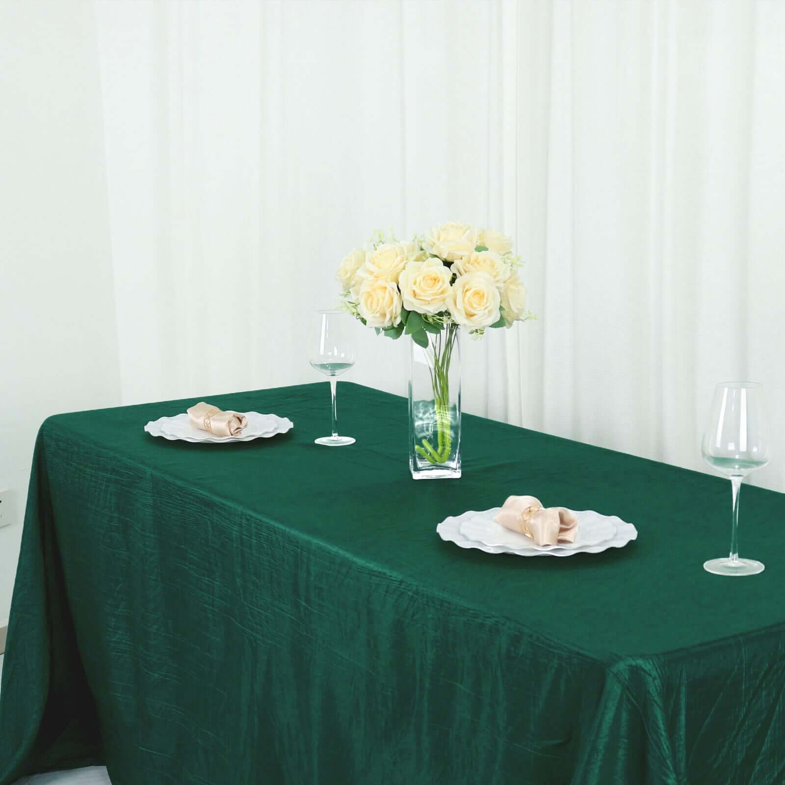 Taffeta 90"x132" Rectangle Tablecloth Hunter Emerald Green - Seamless Accordion Crinkle Table Cover
