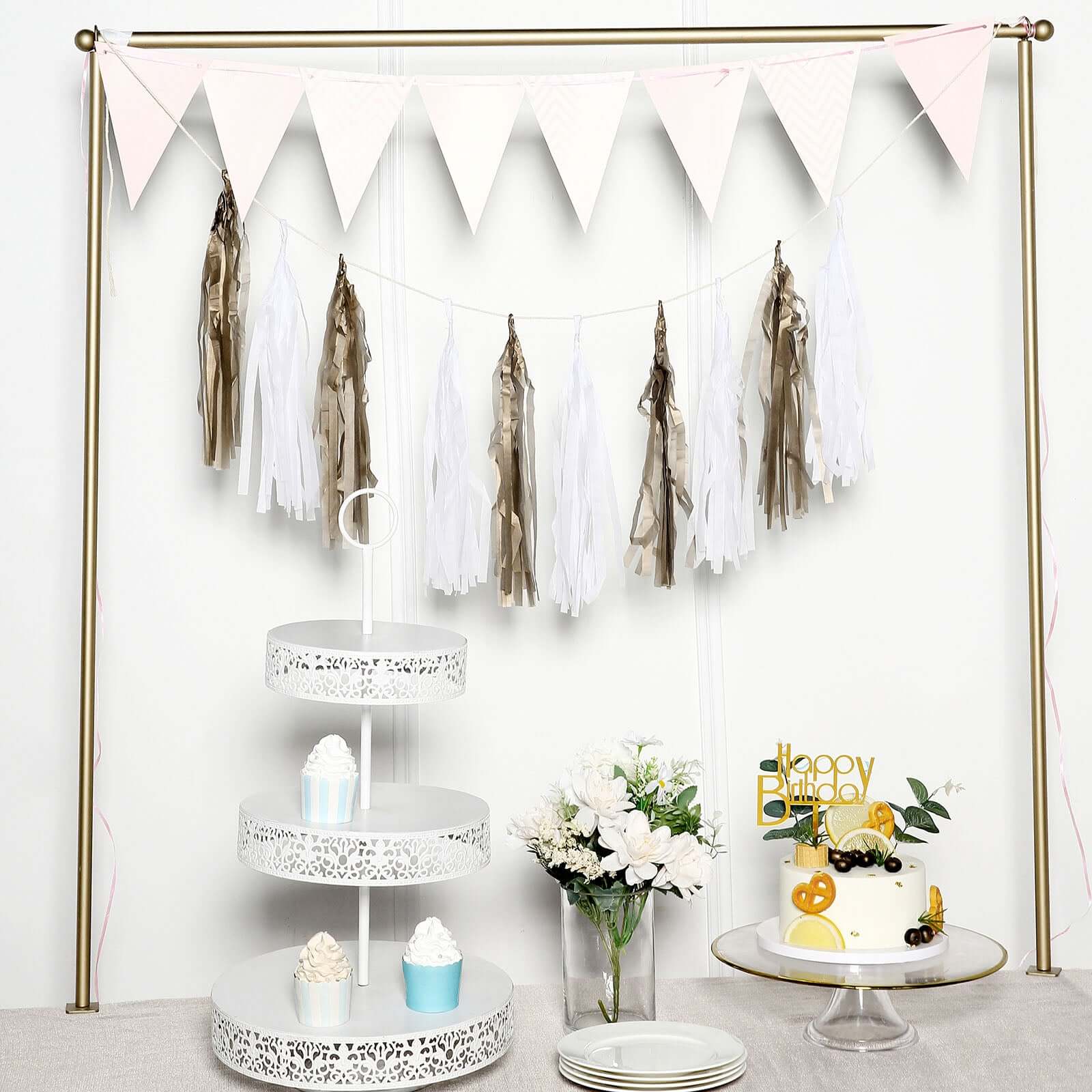 12 Pack Pre-Tied Antique Gold Paper Fringe Tassels With Garland String, Hanging Streamer Banner