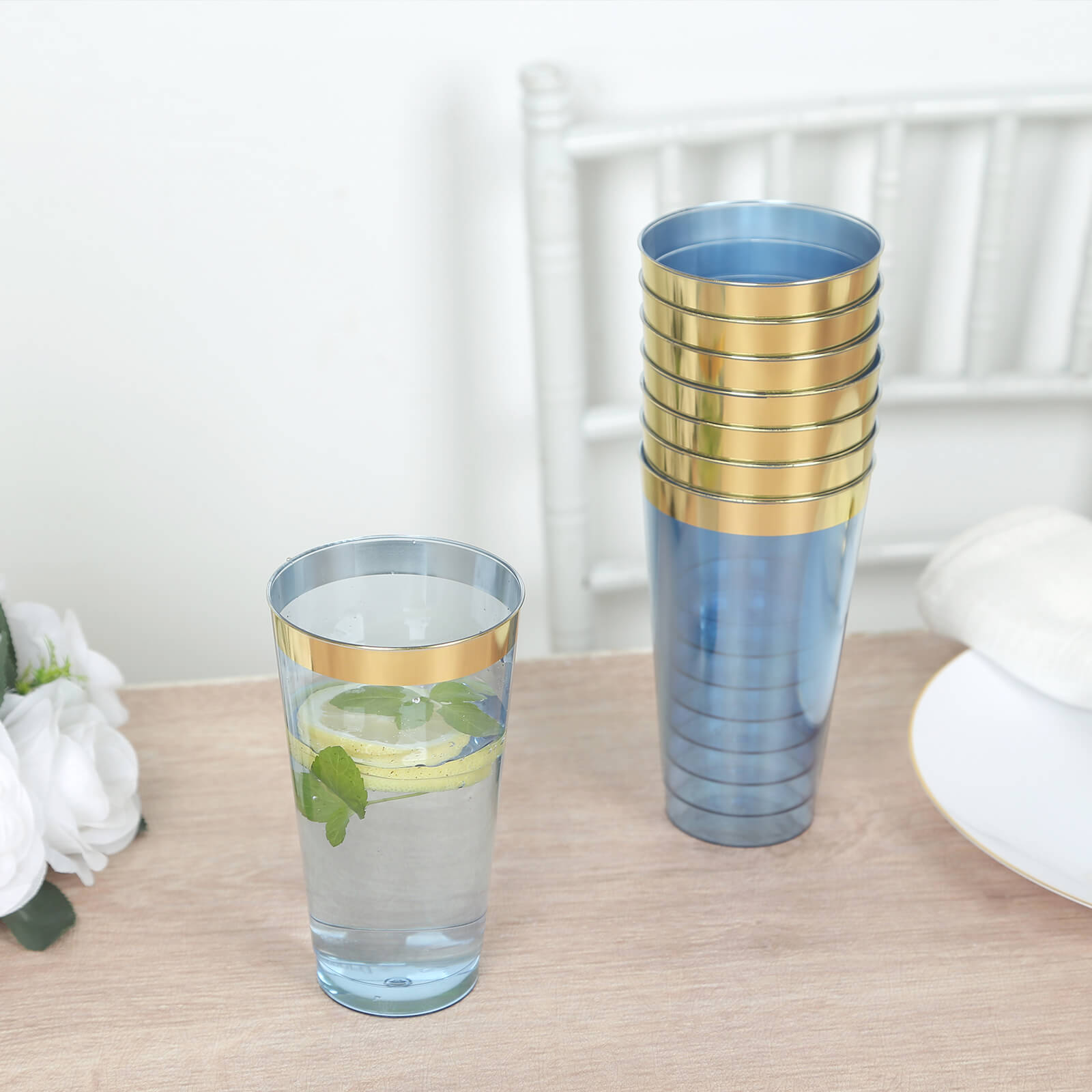 12-Pack Plastic Party Cups Transparent Dusty Blue with Gold Rim - Durable Disposable Tumblers for Drinks 17oz 5.5"