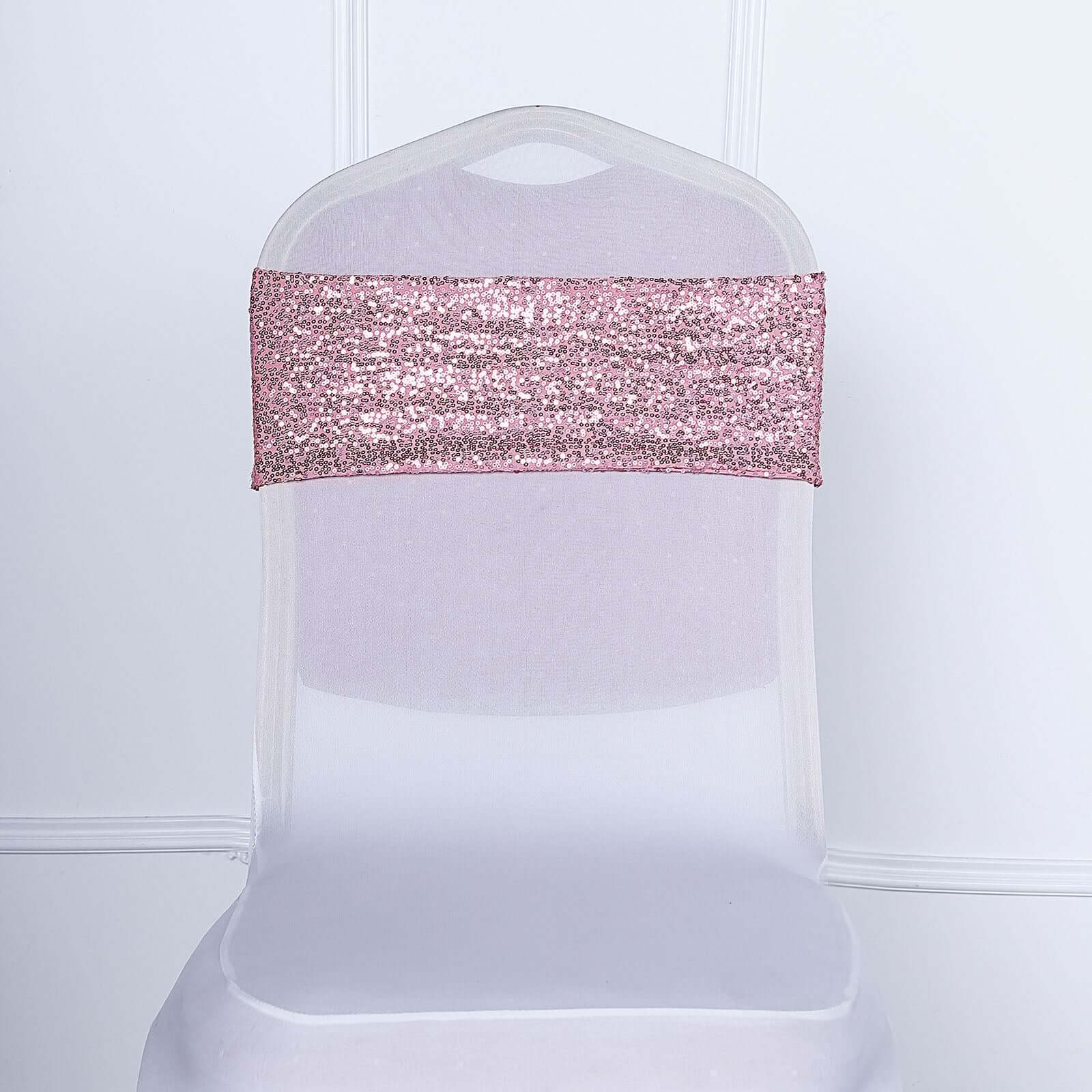 5 Pack Sequin Spandex Chair Sashes Rose Gold - Stretch Chair Bands 6"x15"