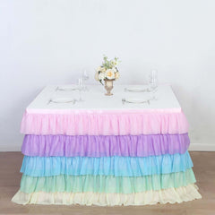 Chiffon 14ft Table Skirt Gradient Unicorn - 5-Tier Ombre Ruffled Tutu Table Cover with Satin Backing for Enchanting Events