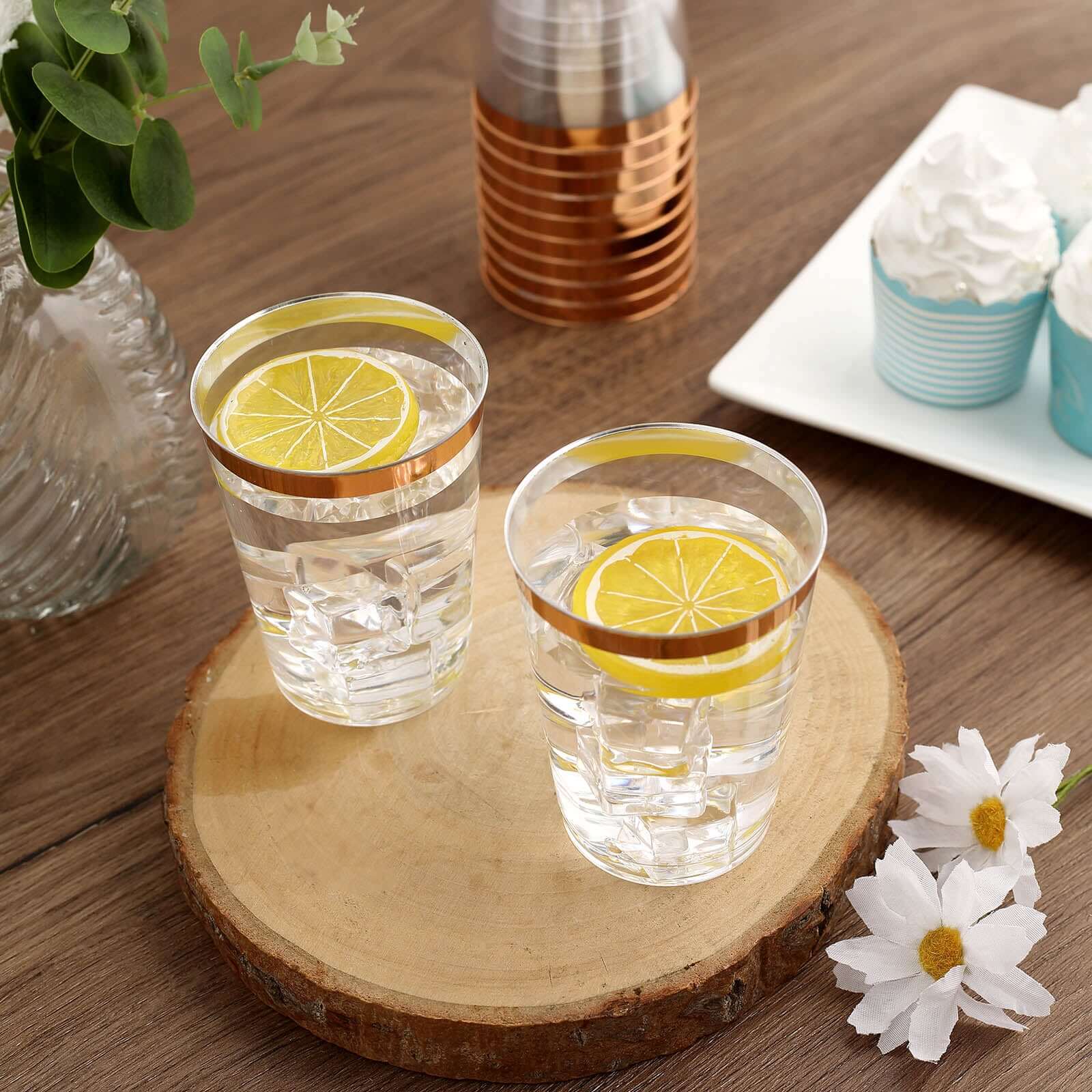 12-Pack Plastic Party Cups Clear with Rose Gold Rim - Durable Disposable Tumblers for Banquets & Special Occasions 10oz