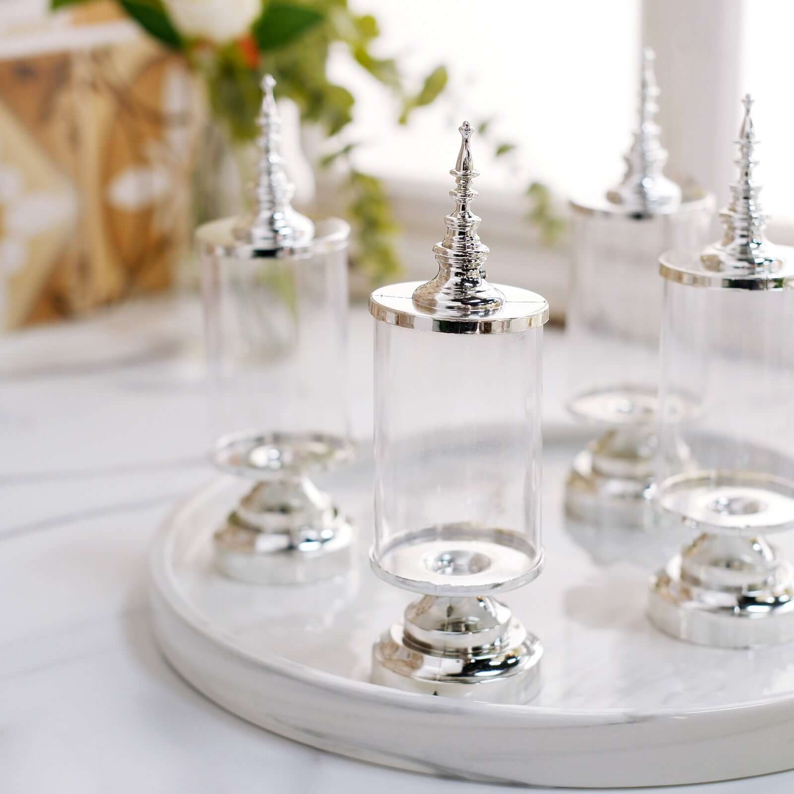 6-Pack Pillar Candy Jar Candy Container Clear/Silver - Decorative Apothecary Jars for Party Favors 7"