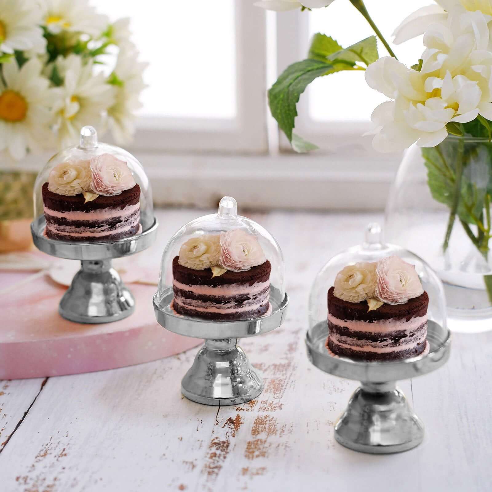 12-Pack Fillable Mini Pedestal Candy Container Clear/Silver - Decorative Candy Treat Favor Boxes with Dome Lid 4"