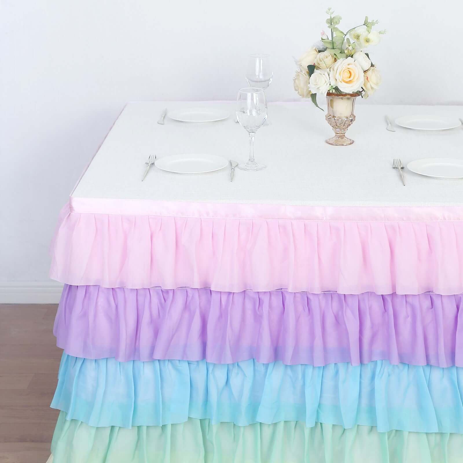 Chiffon 14ft Table Skirt Gradient Unicorn - 5-Tier Ombre Ruffled Tutu Table Cover with Satin Backing for Enchanting Events