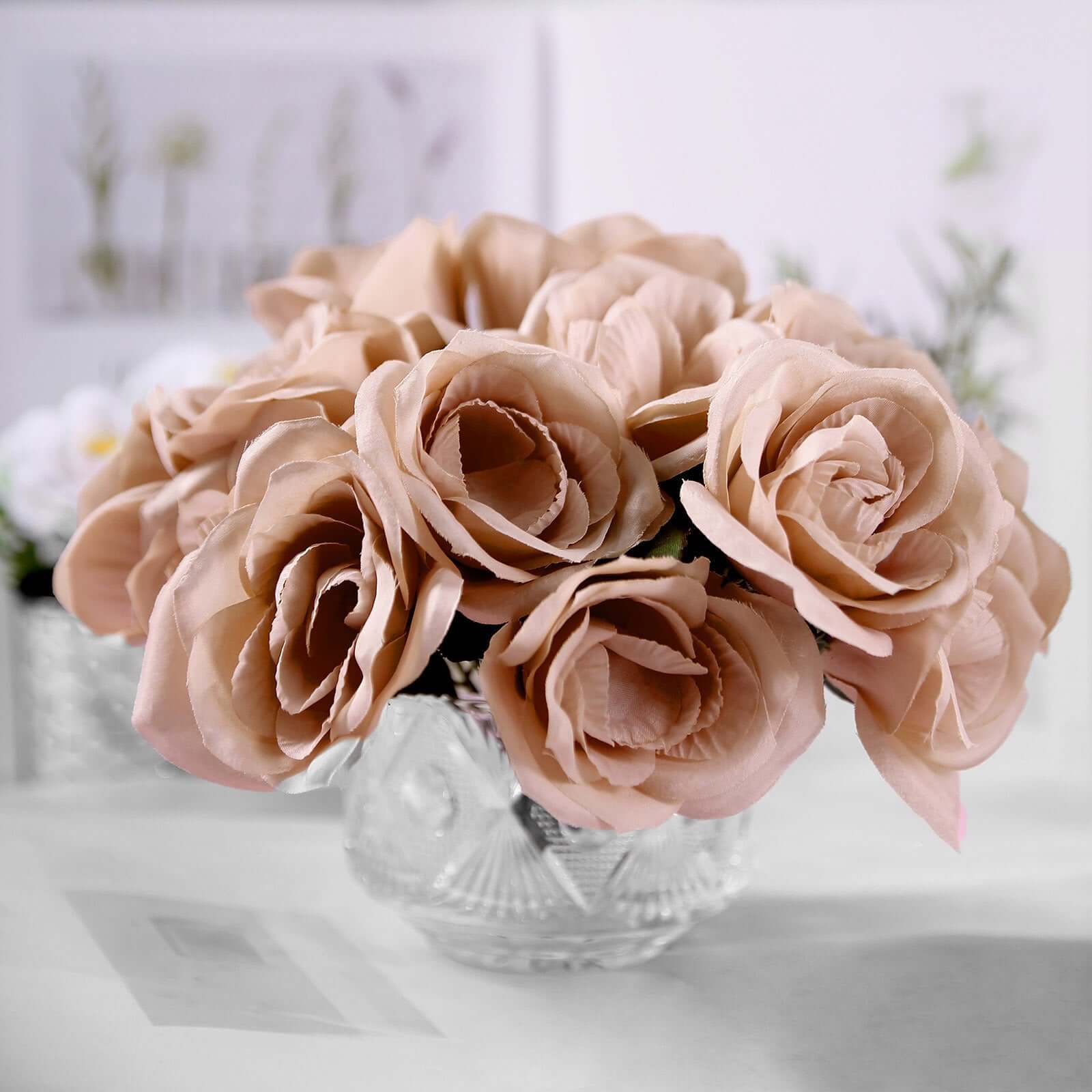 12" Dusty Rose Artificial Velvet-Like Fabric Rose Flower Bouquet Bush