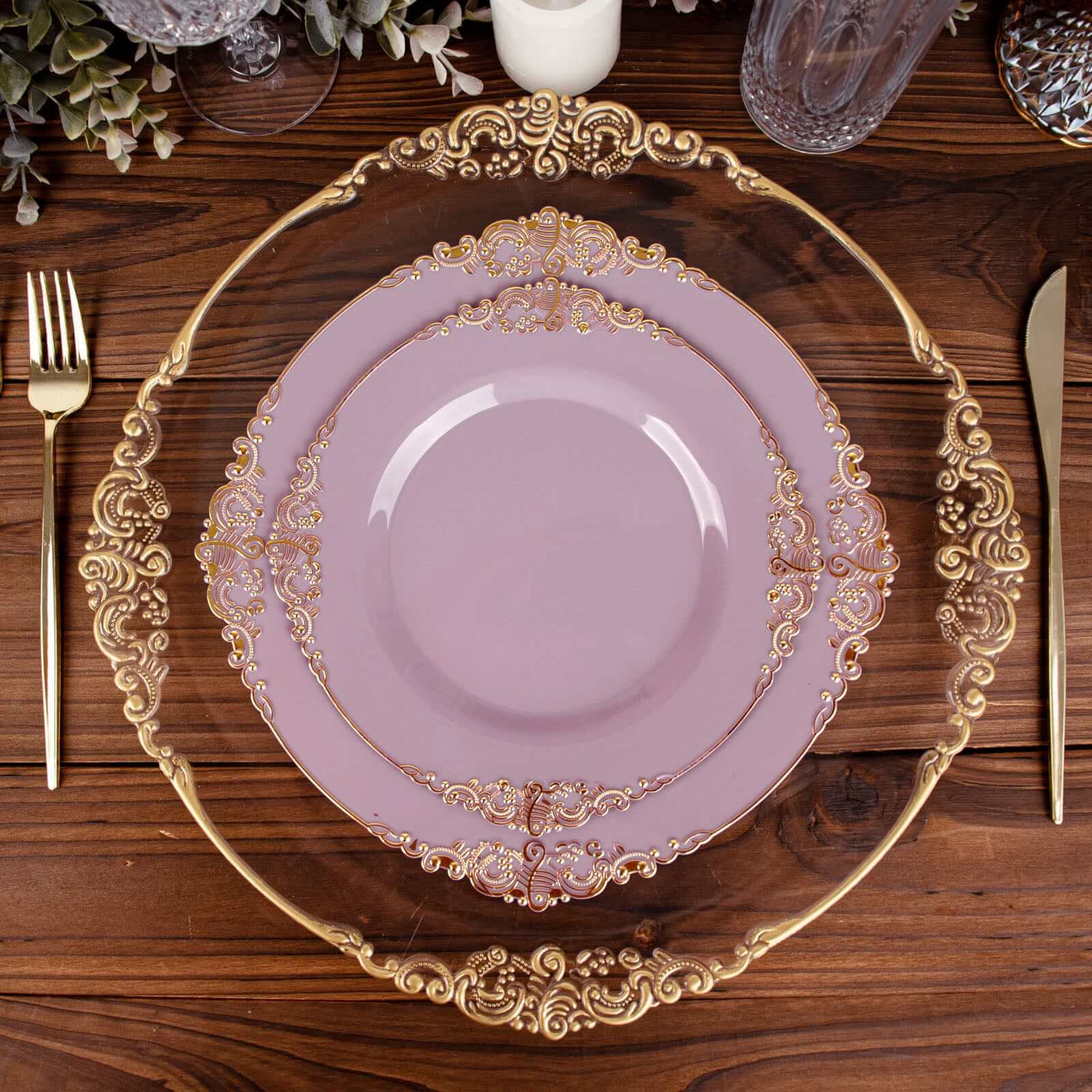 10-Pack Plastic 8" Round Dessert Plates in Lavender Lilac with Gold Leaf Embossed Rim - Disposable Vintage Baroque Style Salad Plates