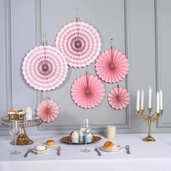 Set of 6 Pink Hanging Paper Fan Decorations, Pinwheel Wall Backdrop Party Kit - 8", 12", 16"