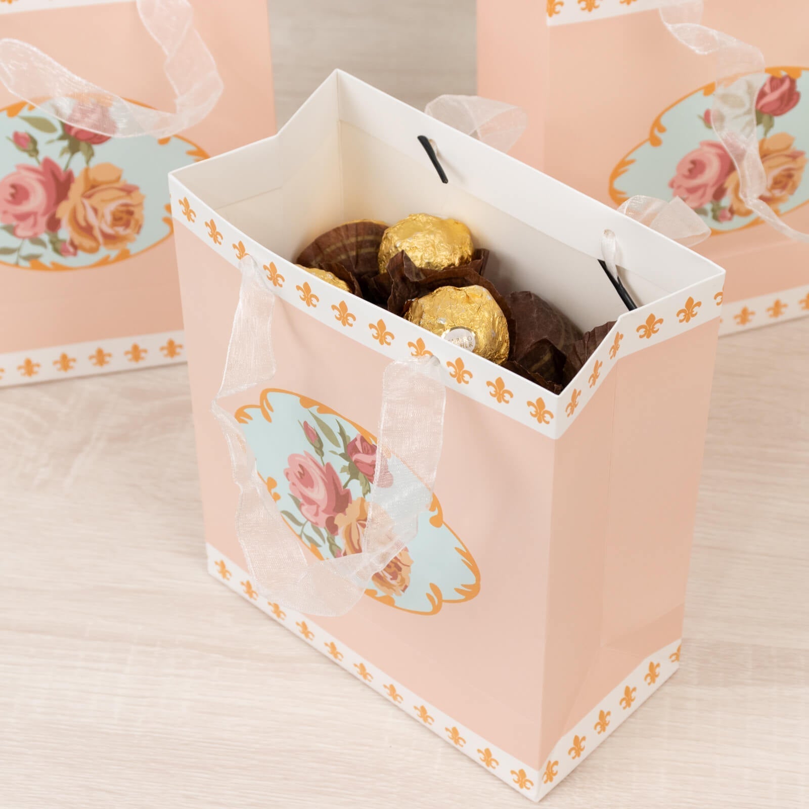 12-Pack Favor Bags Vintage Rose Floral Tea Party, Dusty Rose Paper Goodie Gift Bags with Ribbon Handles, 6"x7"x3"