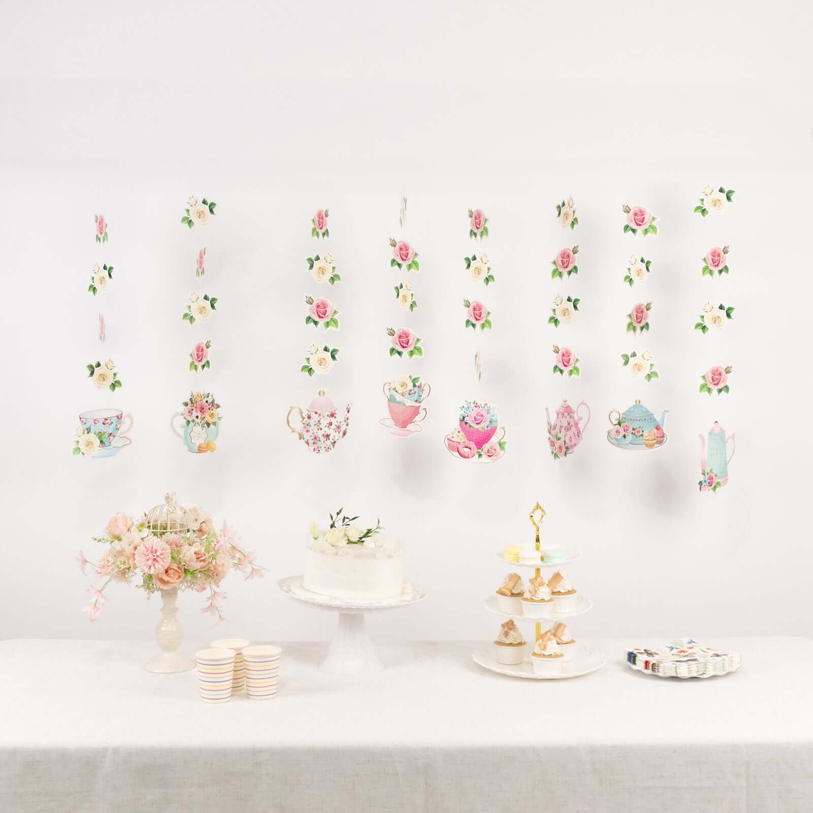 8 Pack Double Sided Floral Tea Party Paper Garland, 40" Pre-Assembled Mixed Teapot Banner Hanging Decorations