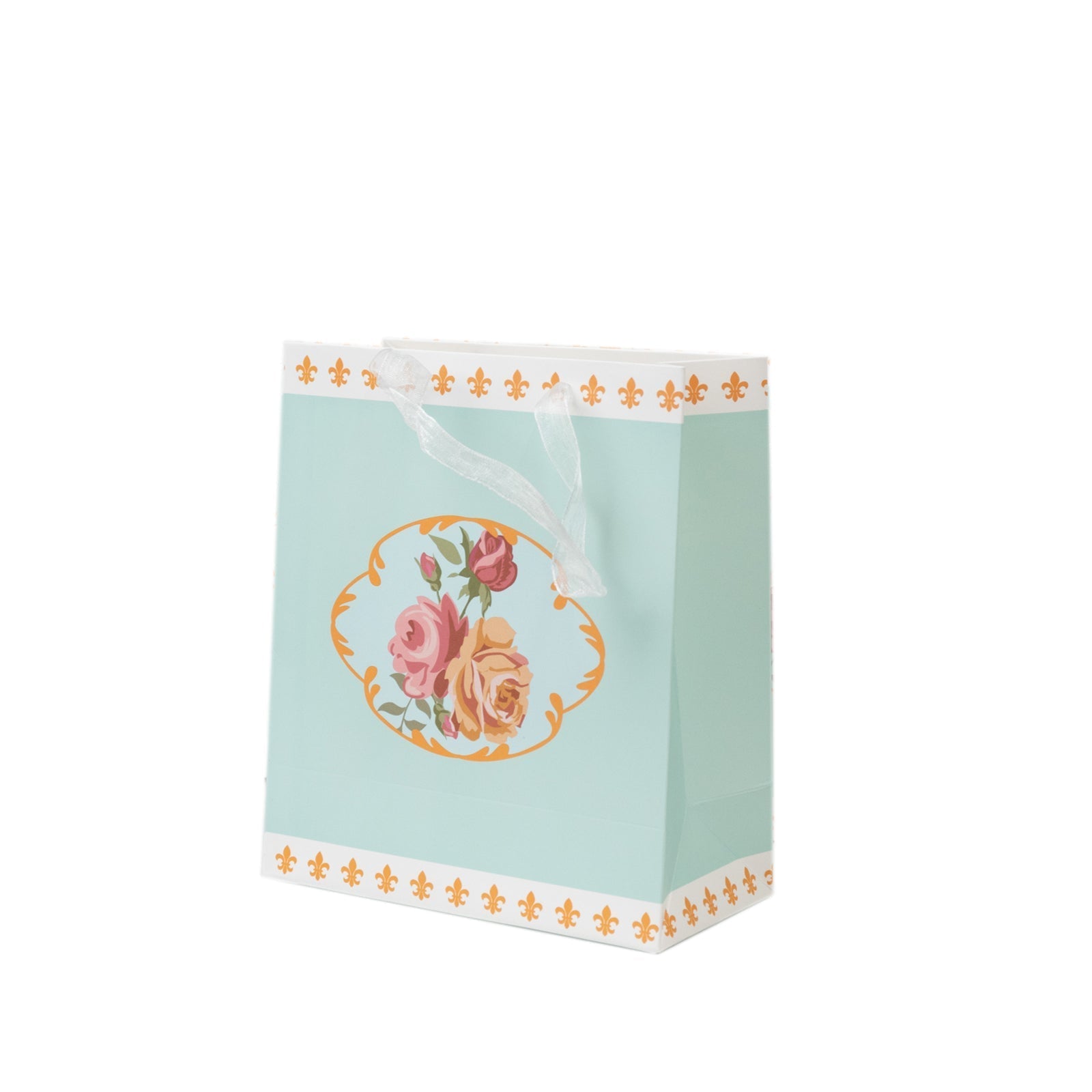 12-Pack Favor Bags Vintage Rose Floral Tea Party, Turquoise Paper Goodie Gift Bags with Ribbon Handles, 6"x7"x3"