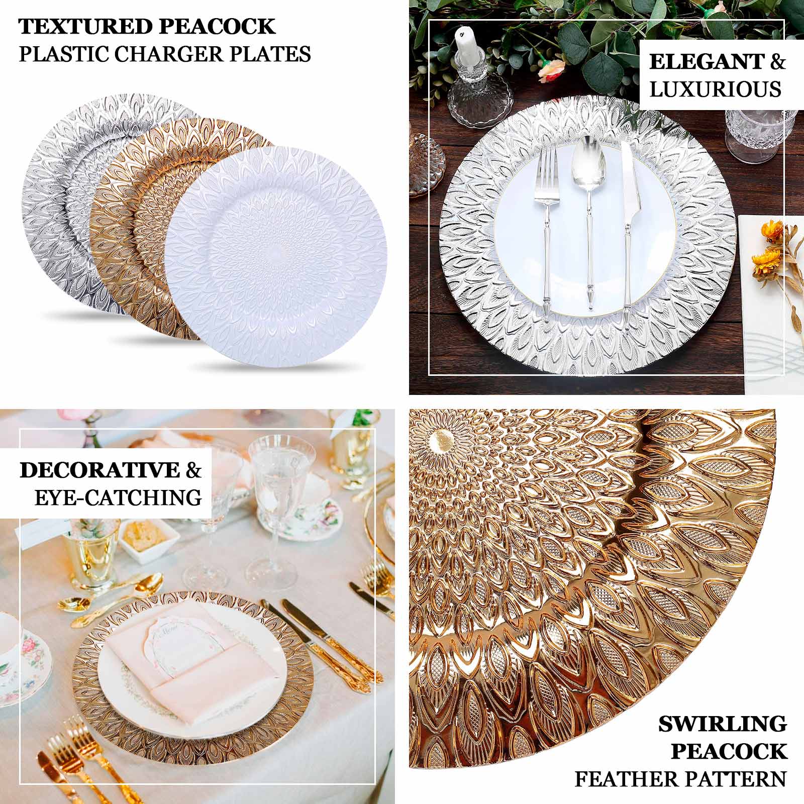 6-Pack Plastic Round Charger Plates 13" in Silver with Embossed Peacock Pattern, Stylish Disposable Charger Tableware