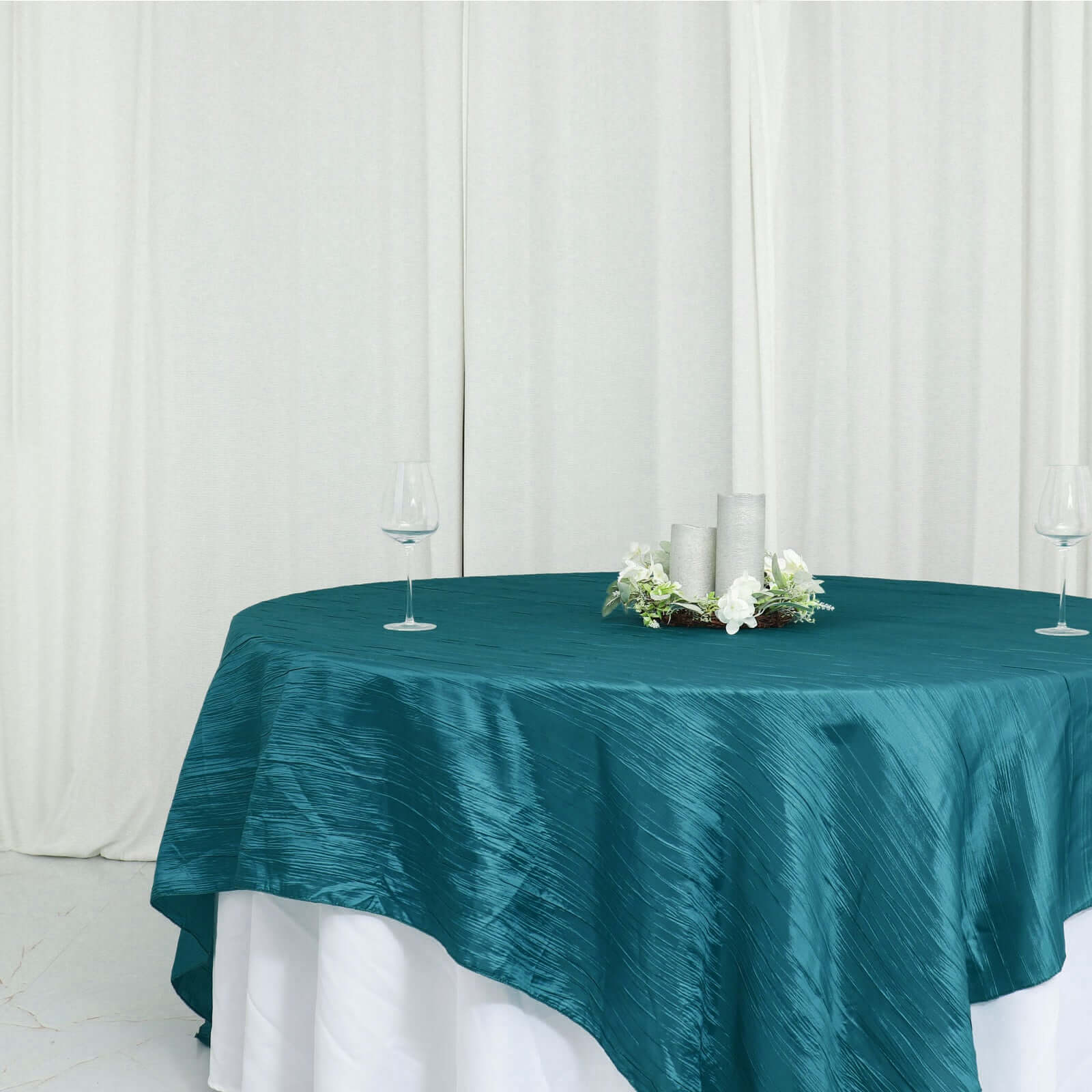 Taffeta 90"x90" Table Overlay Square Tablecloth Peacock Teal - Accordion Crinkle Table Cover