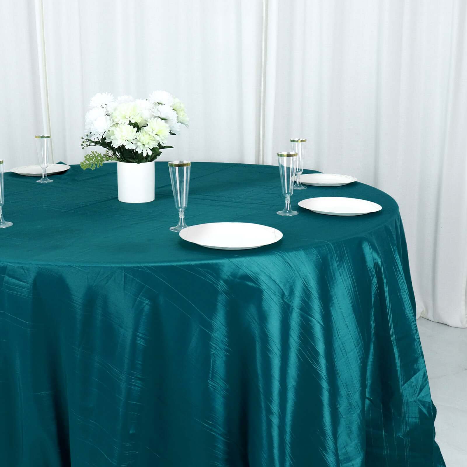 Taffeta 132" Round Tablecloth Peacock Teal - Seamless Accordion Crinkle Table Cover