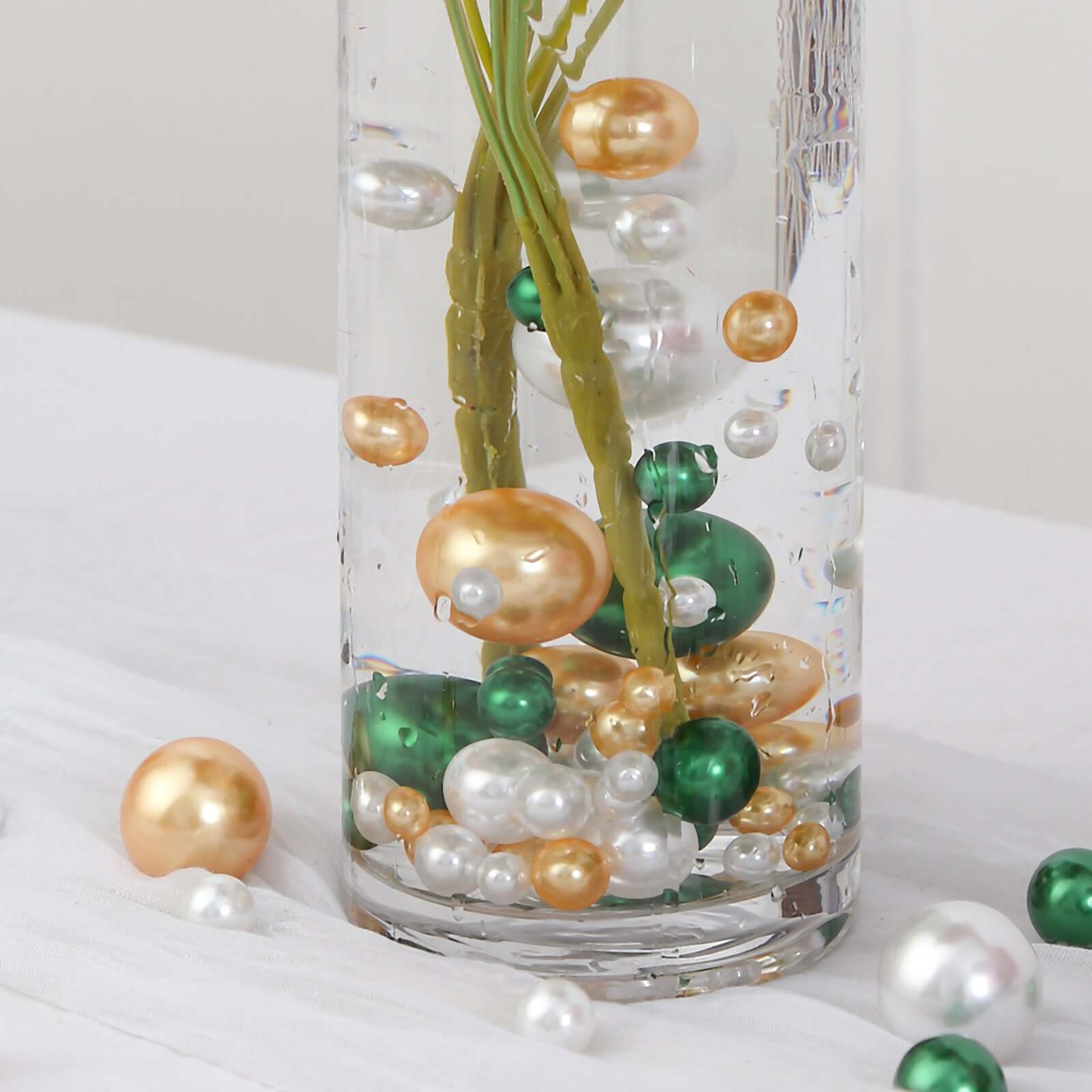 200Pcs Assorted Pearl Beads Vase Fillers in Green, Gold and White - Lustrous DIY Craft Bead Set