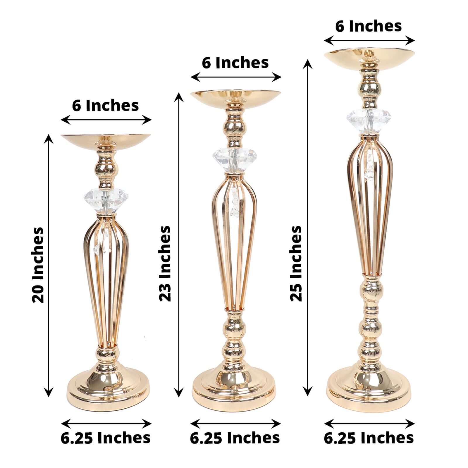 Set of 3 Metal Pedestal Stands with Crystal Ball Flower Bowl Design Gold - Pillar Candle Holders 20", 23", 25"