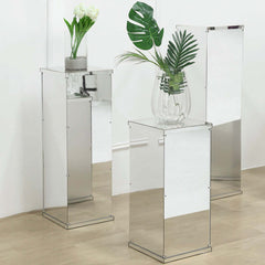 40" Floor Standing Silver Mirror Finish Acrylic Display Box, Pedestal Riser with Interchangeable Lid and Base