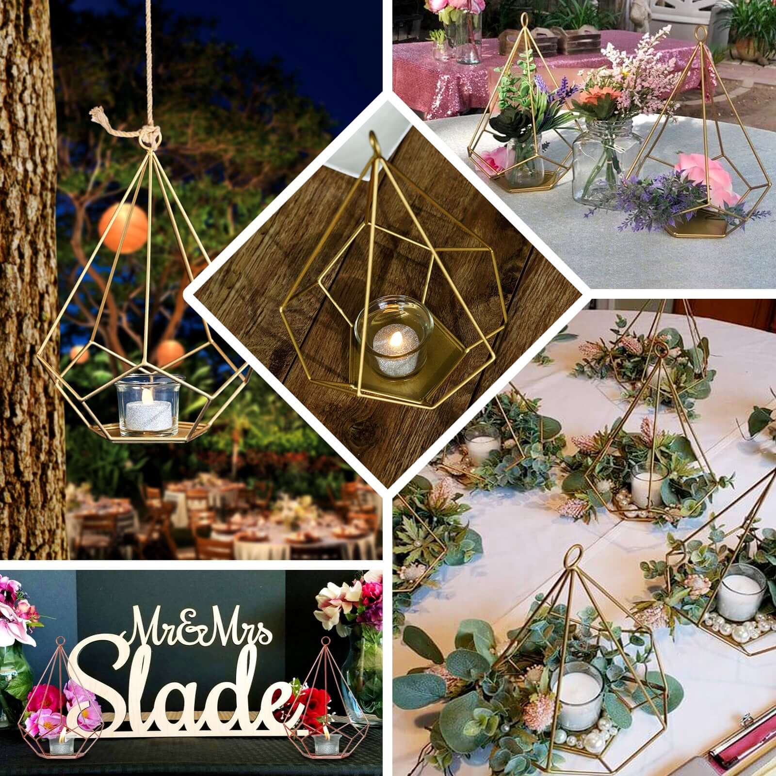 2-Pack Tealight Candle Holders Gold Metal Pentagon Geometric Open Frame - Flower Stand 9"