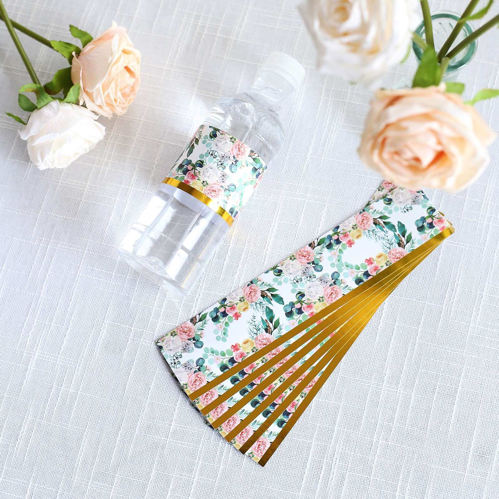 24 Pack White/Pink Water Bottle Labels with Peony Floral Design & Gold Trim, Waterproof Bottle Stickers