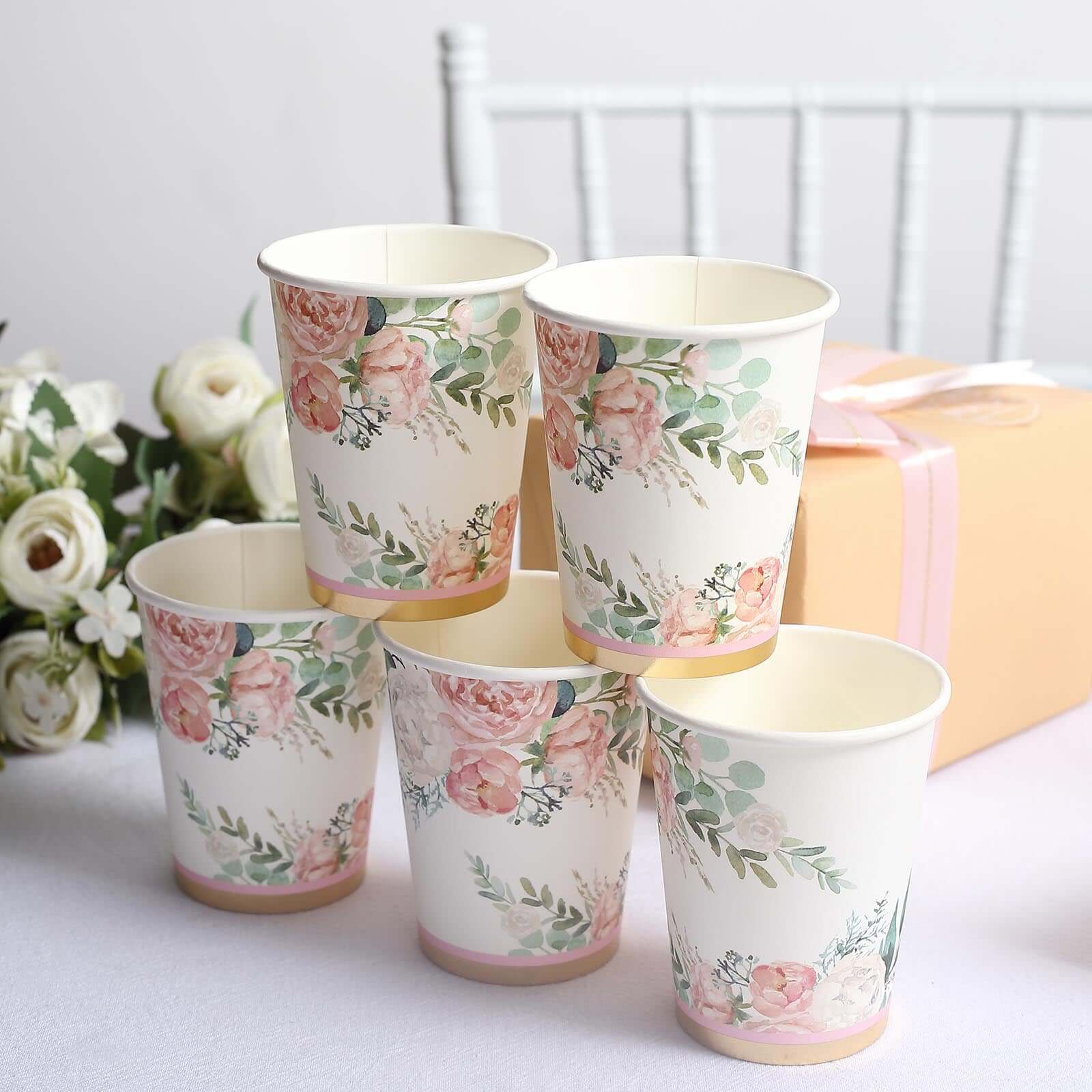 24-Pack Paper Cups in Pink Peony Flower Print with Gold Foil - Chic Disposable Party Cups for Weddings & All Purpose Use 9oz