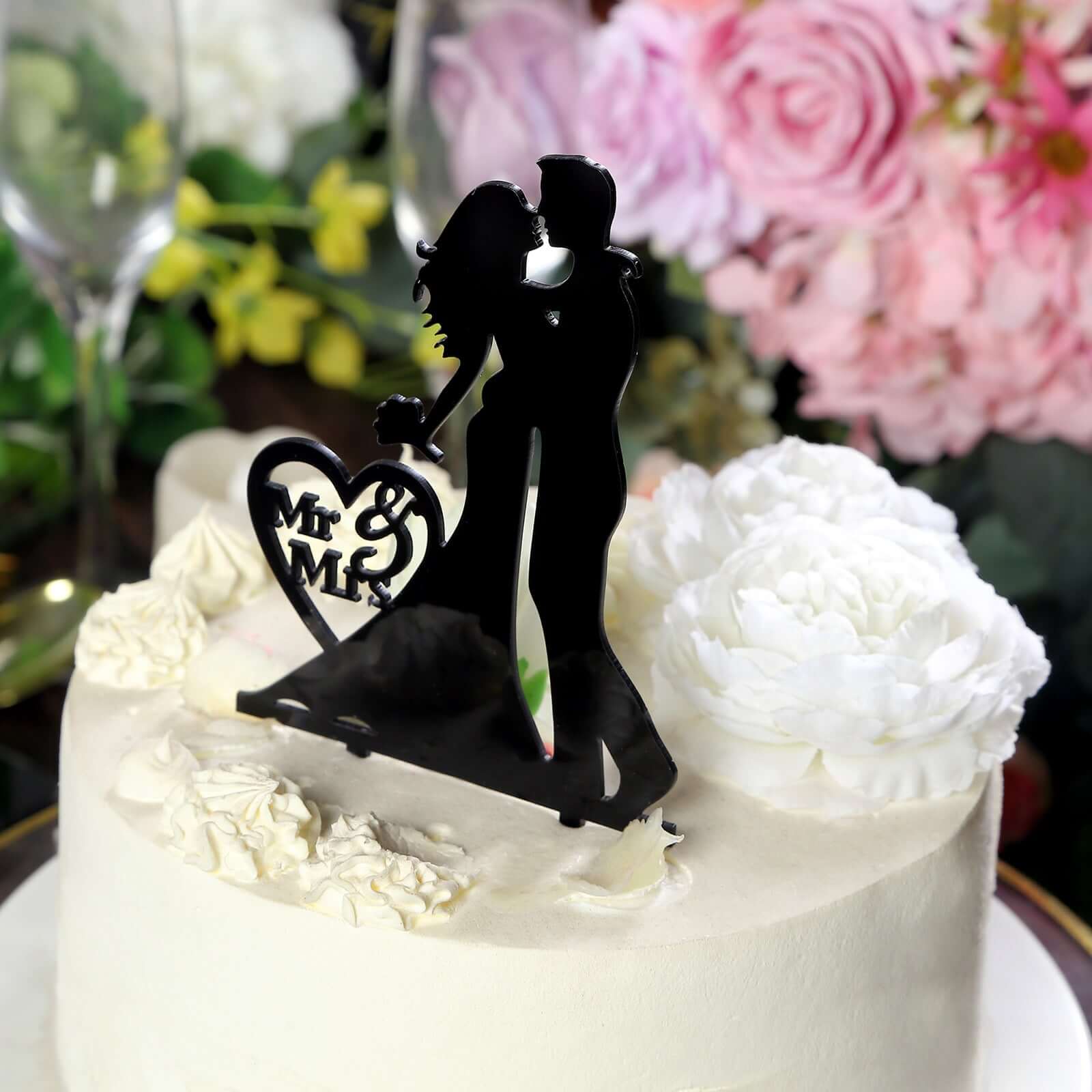 Acrylic Cake Toppers Black Silhouette Design Mr and Mrs - Wedding Cake Decoration Set 7"