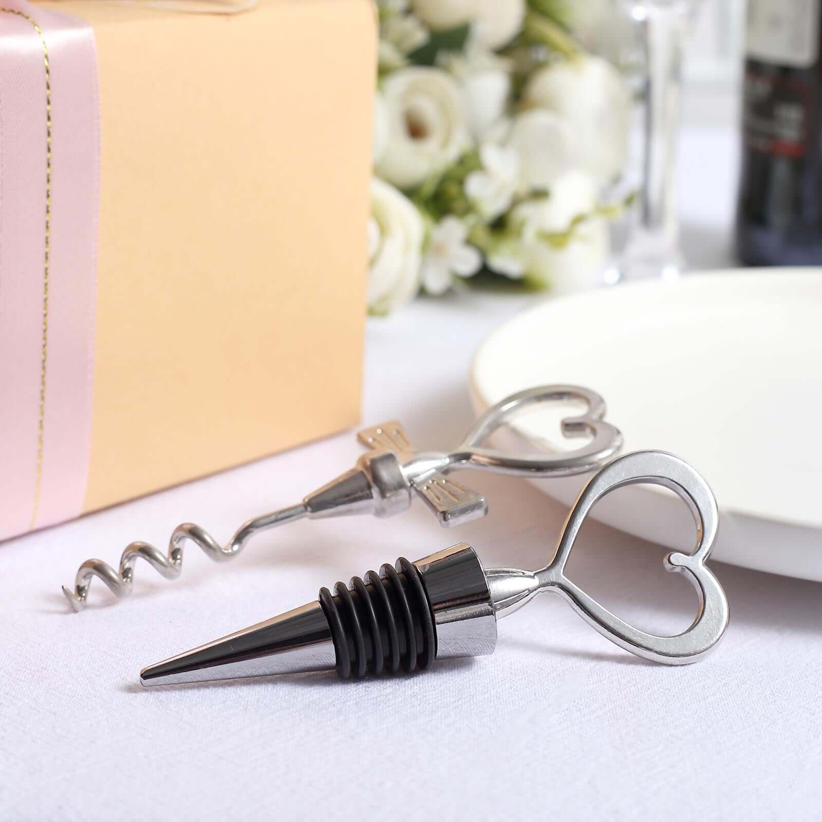 Silver Metal Heart Wine Bottle Opener Cork Stopper Party Favors Souvenir Gift Set, Wedding Favor in Velvet Box - 4.5",5"