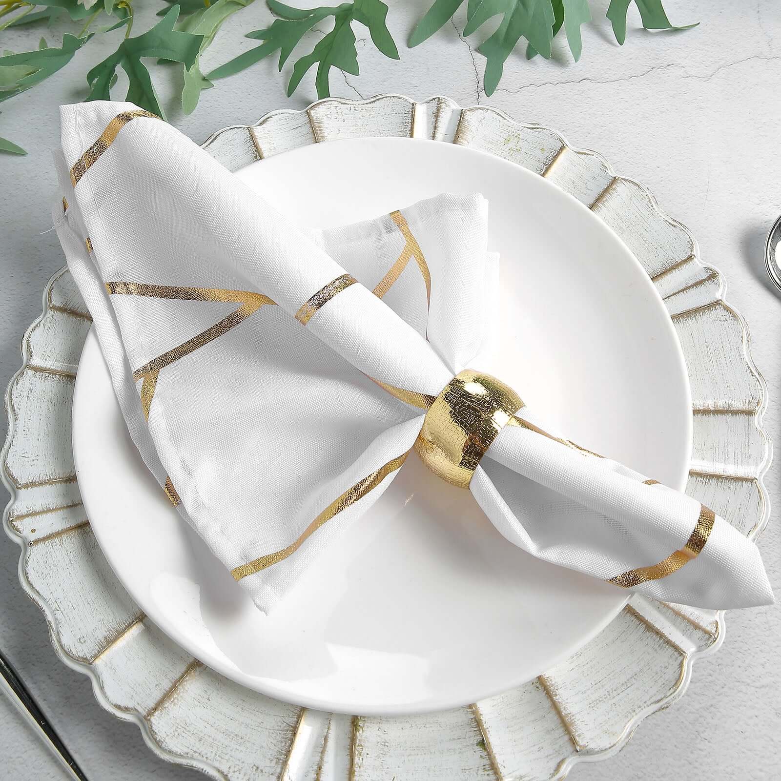 5 Pack Polyester 20"x20" Napkins White with Gold Geometric Foil Pattern - Modern Reusable Dinner Napkins for Home & Events