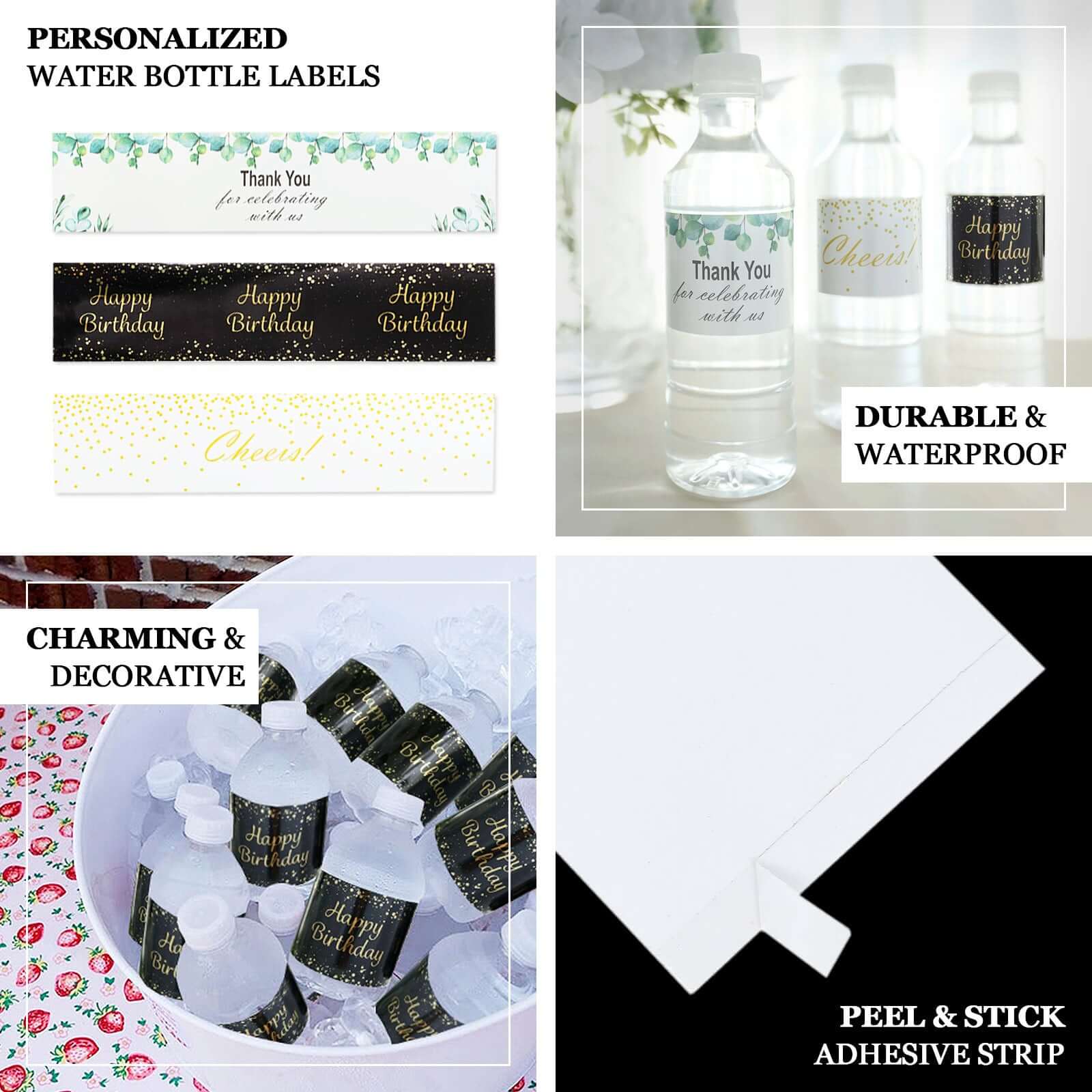 24 Pack White/Green Water Bottle Labels with Leaves Design "Thank You" Party Waterproof Bottle Stickers