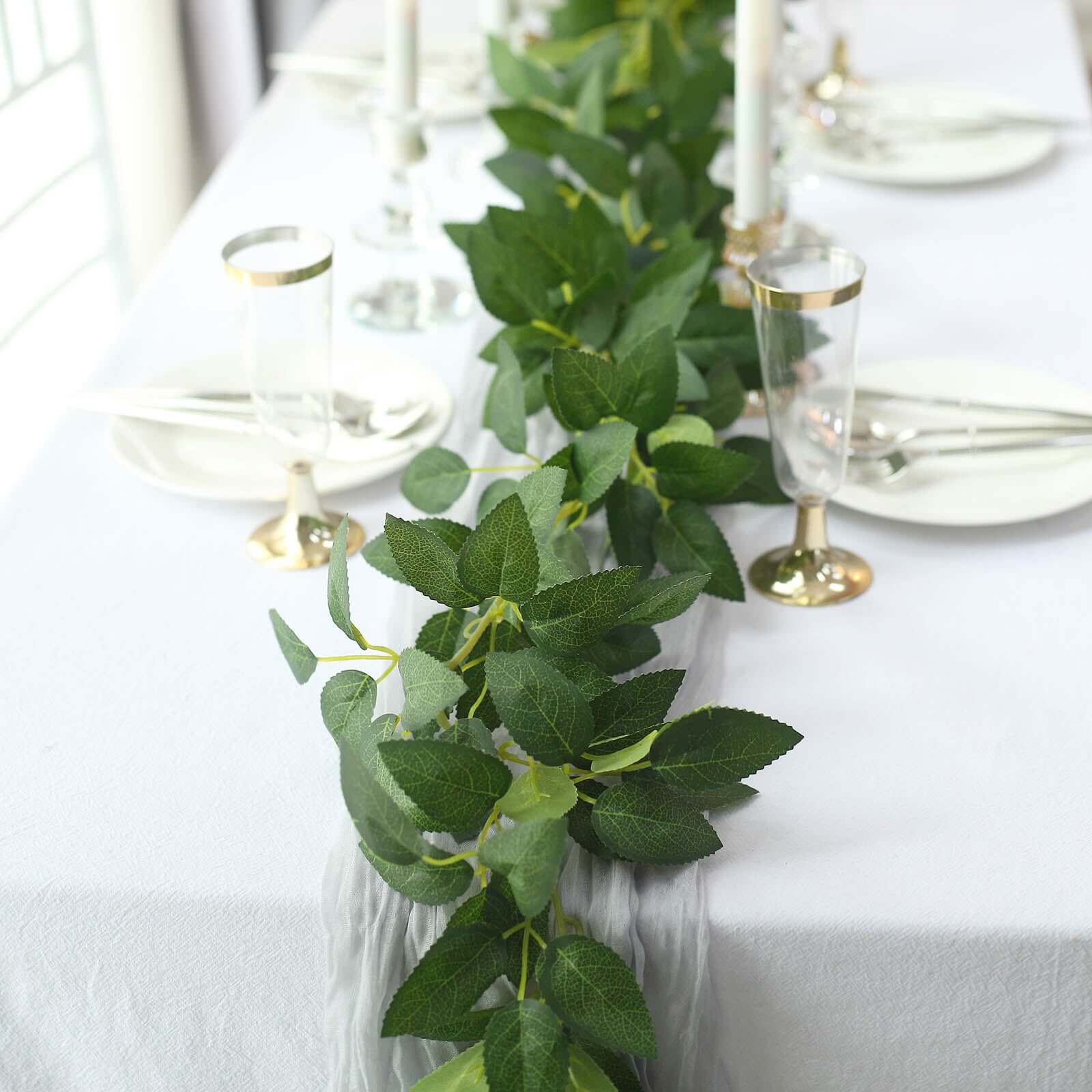 6ft Real Touch Green Artificial Silk Rose Leaf Hanging Vine, Flexible Greenery Table Garland